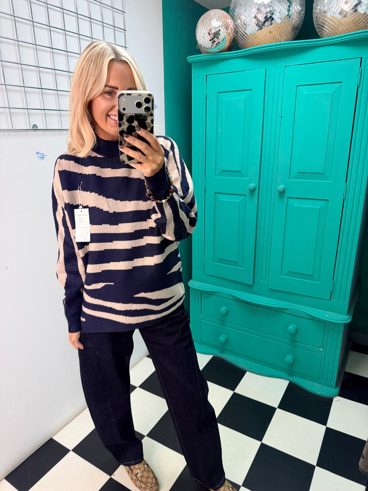Turtle Neck Jumper Lightning Print Navy Special Buy