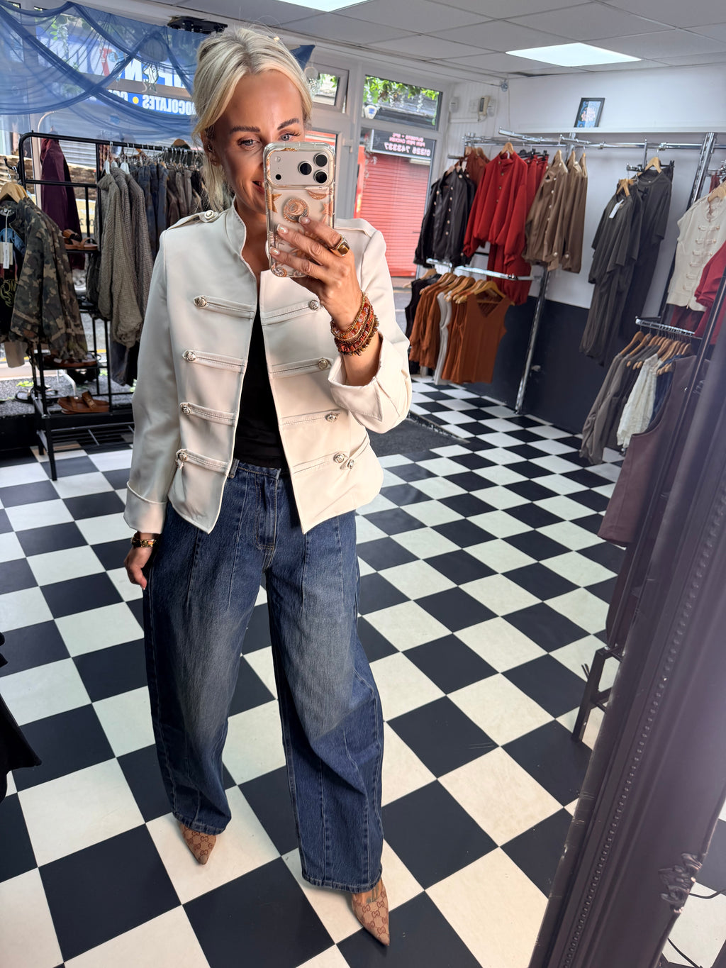 Cropped Military Long Sleeve Blazer Cream