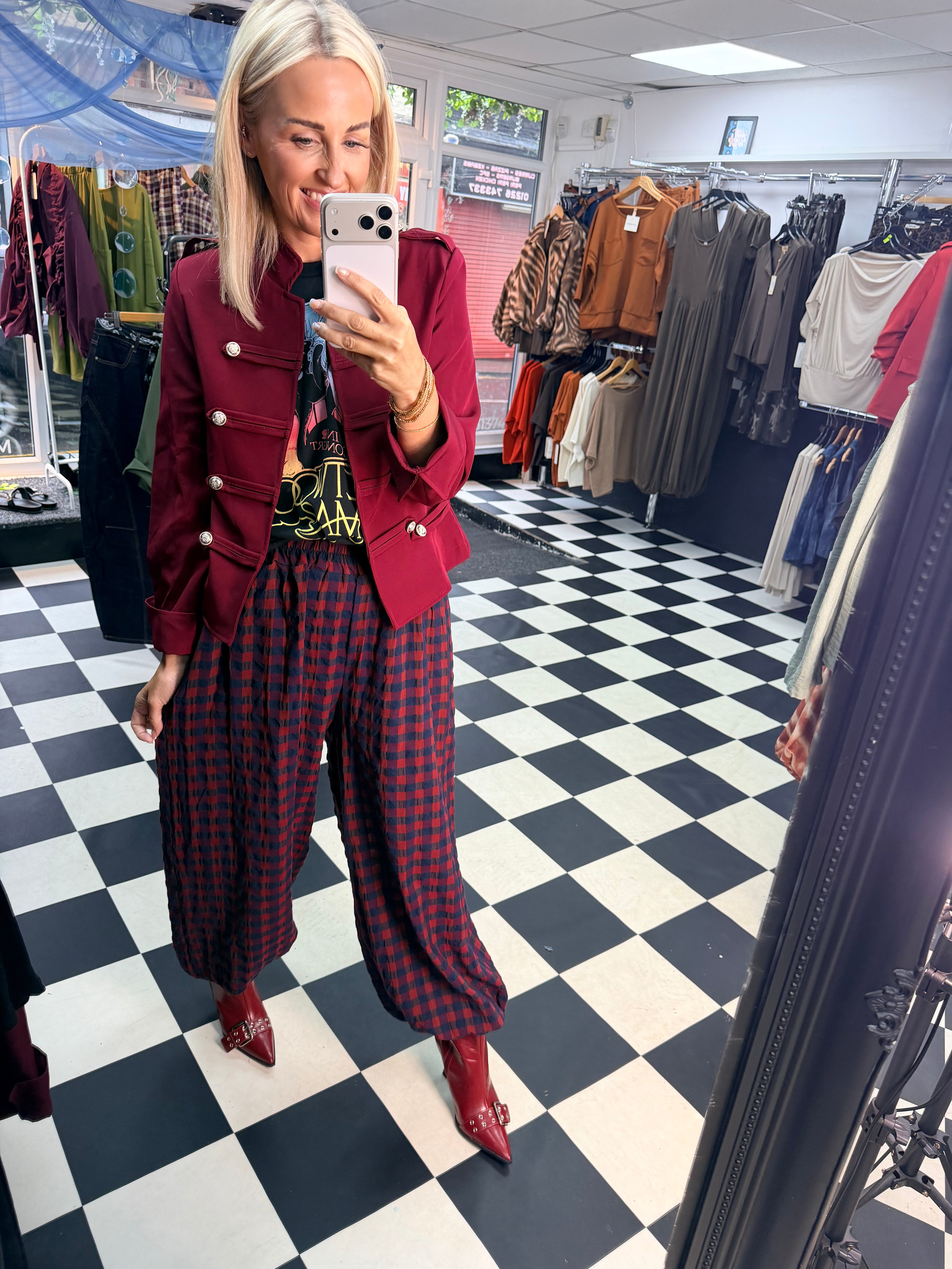 Autumn Check Balloon Trousers Wine/Navy