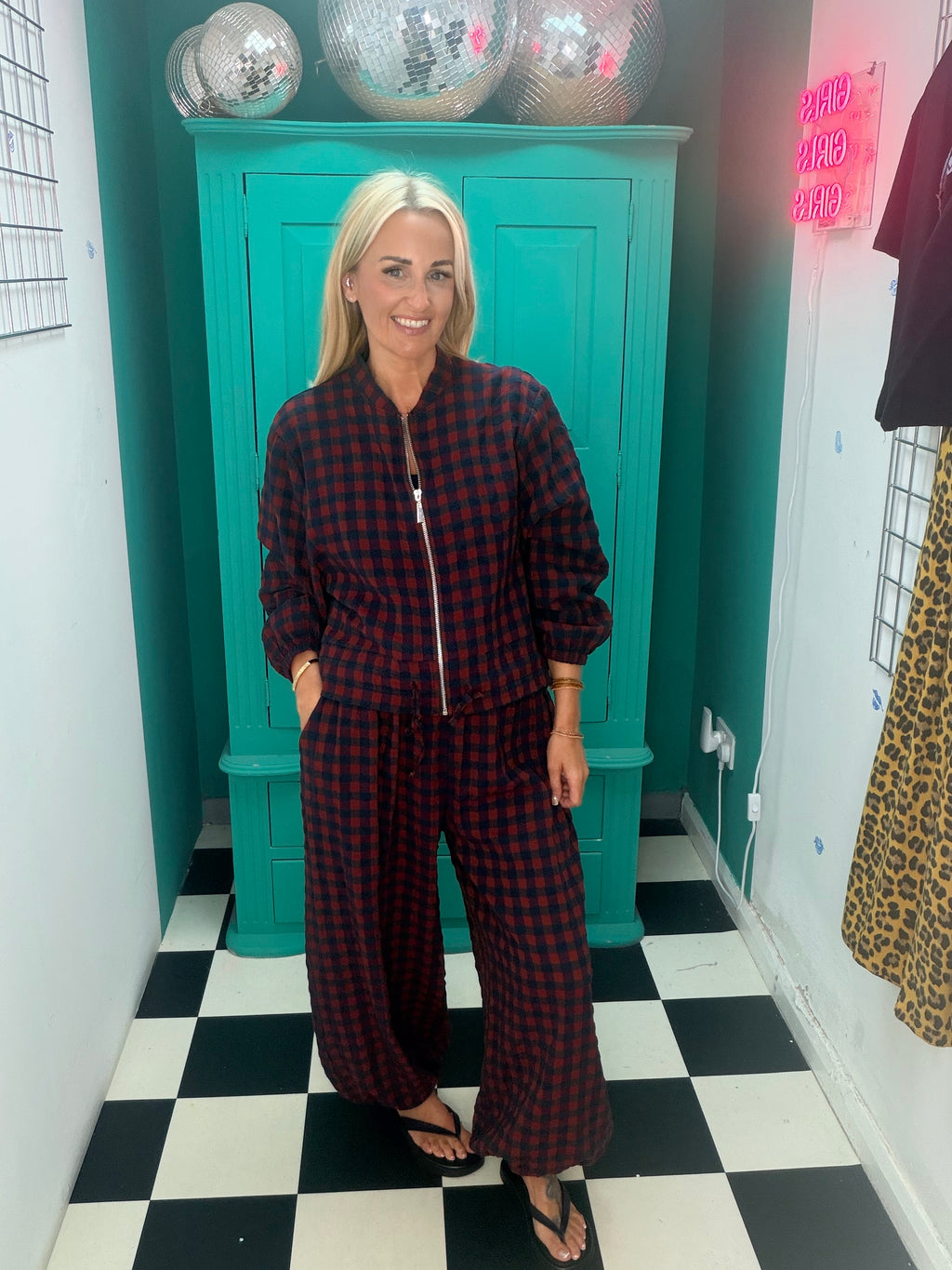 Autumn Check Balloon Trousers Wine/Navy