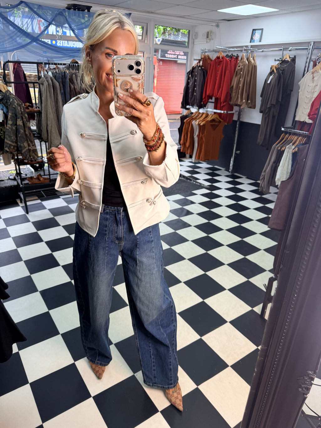 Cropped Military Long Sleeve Blazer Cream