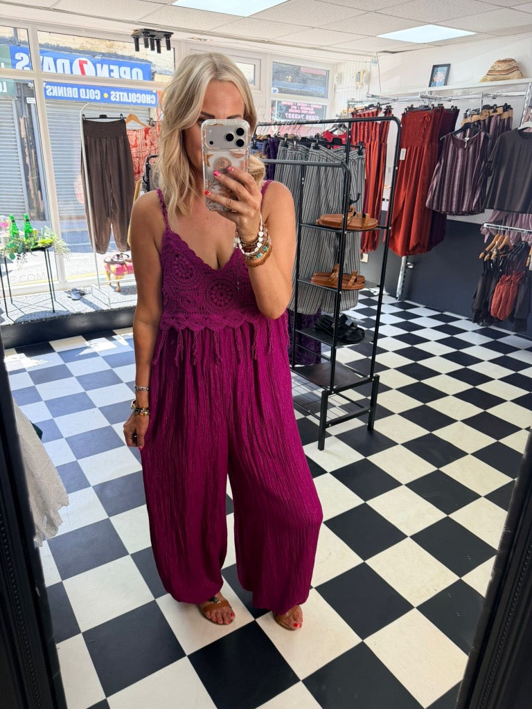 Boho Crochet Jumpsuit Magenta