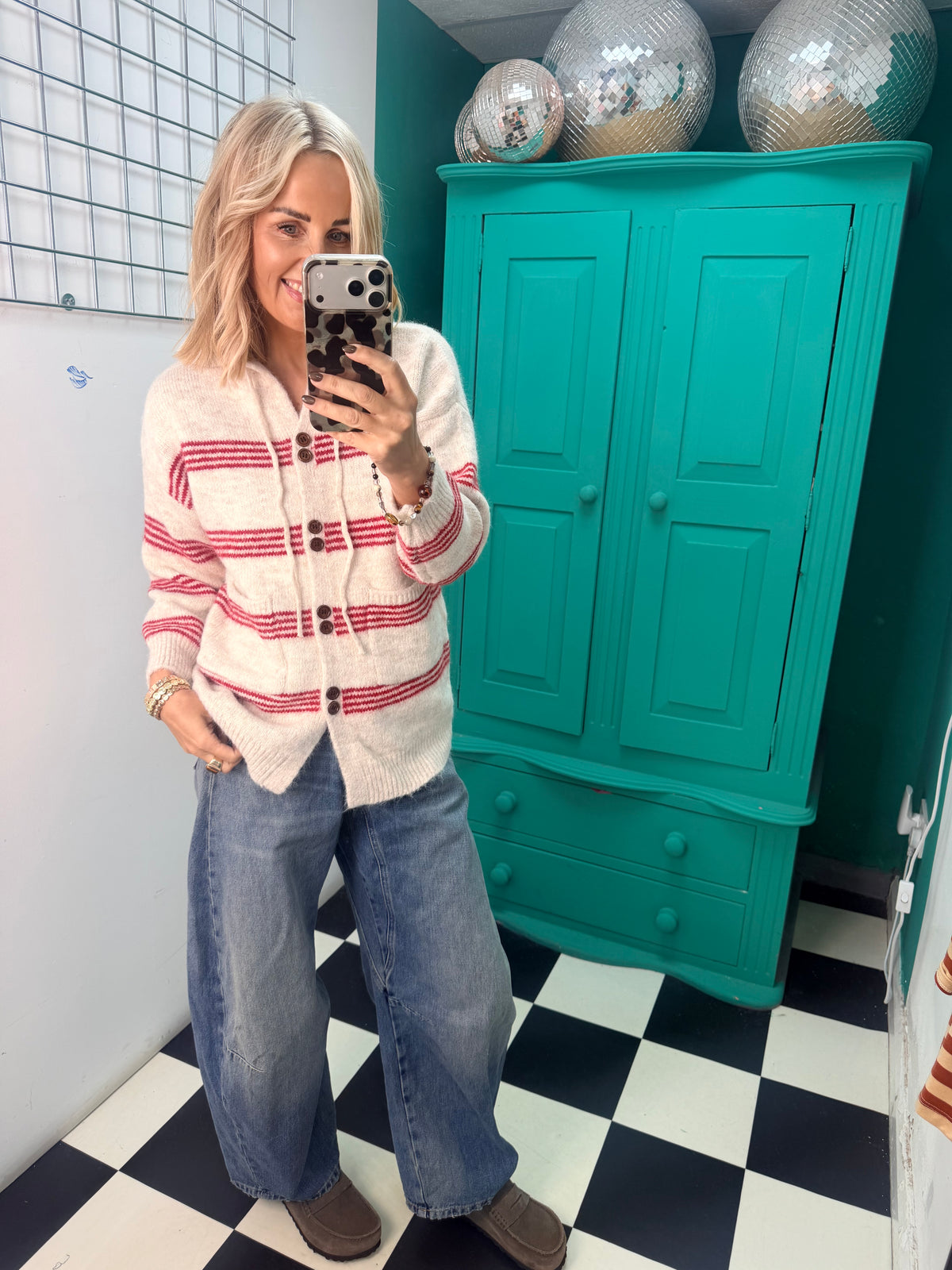 Stipe hooded cardigan Cream and Red
