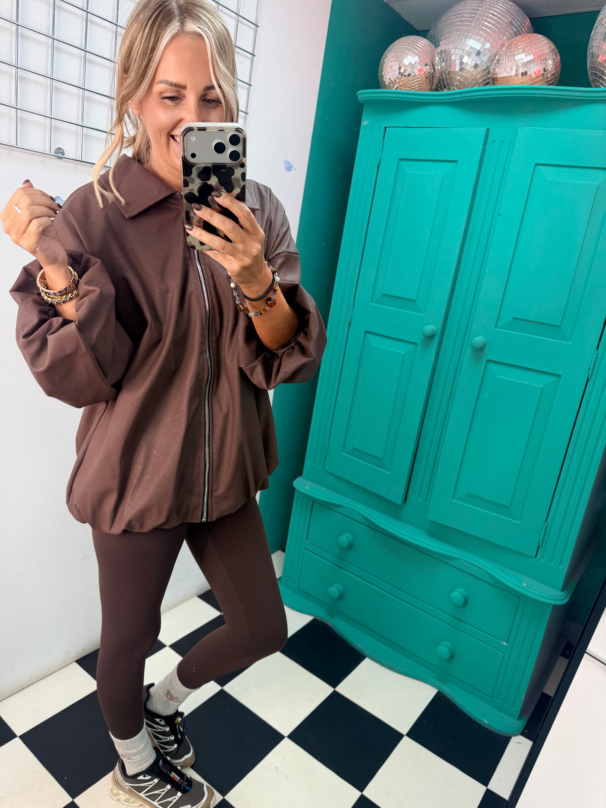 City Chic Leather-Look Bomber Jacket Chocolate Special Buy