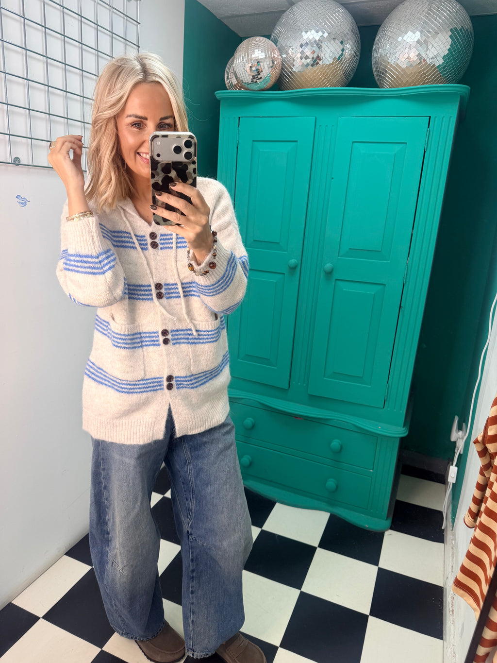 Stipe hooded cardigan Cream and Blue