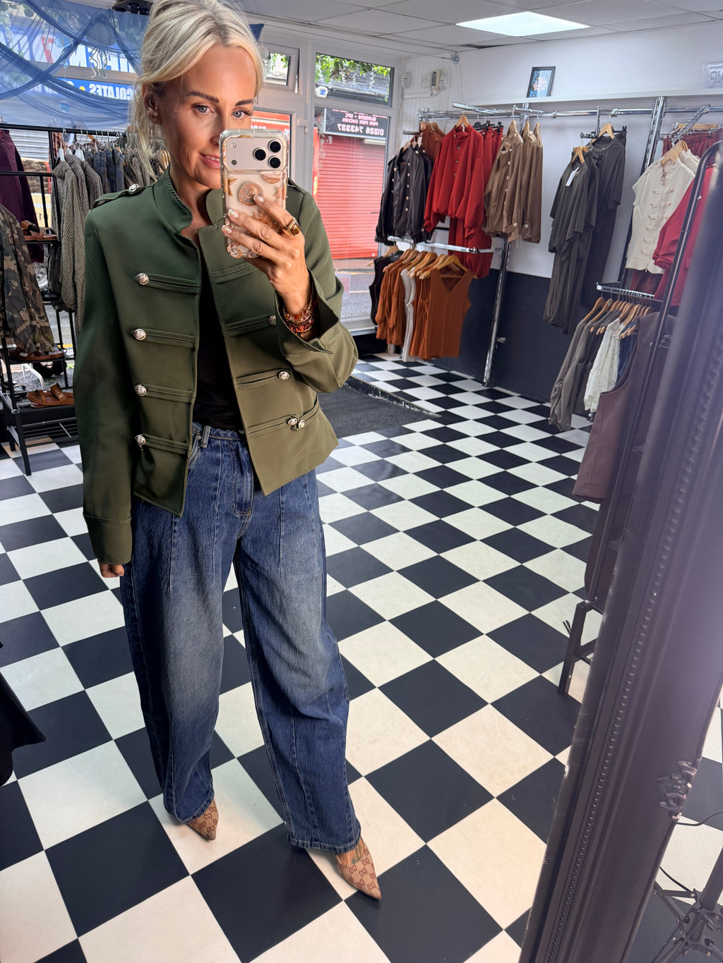 Cropped Military Long Sleeve Blazer Khaki