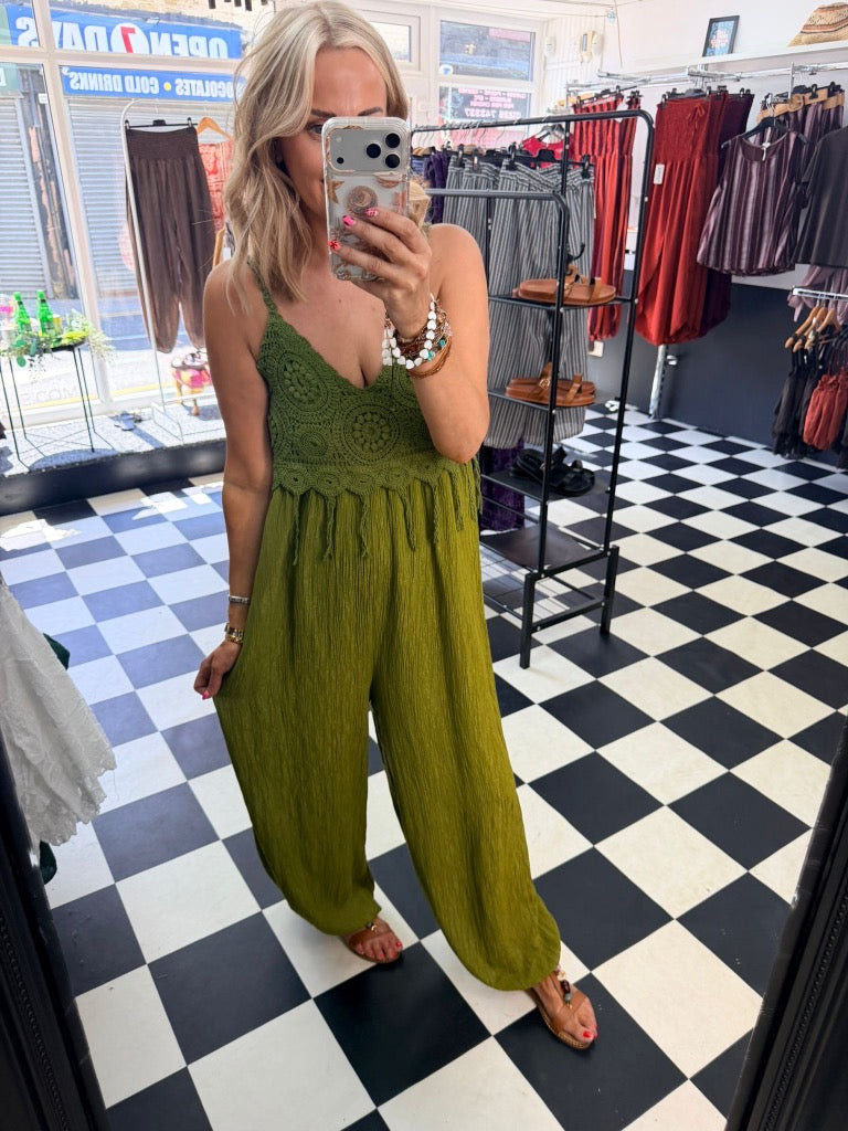 Boho Crochet Jumpsuit Green
