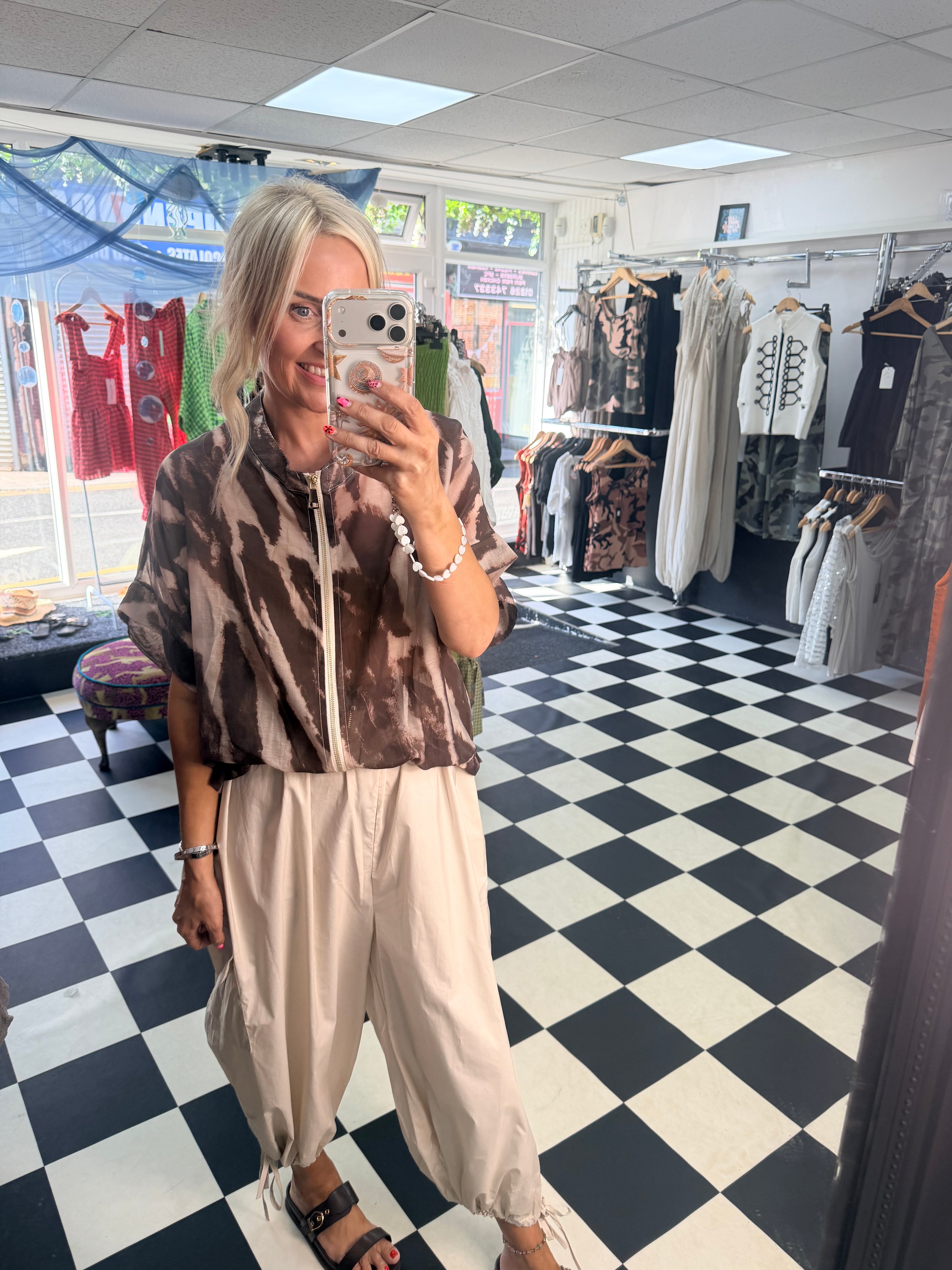 Lightweight Cropped Sleeve Jacket - Coffee and Cream
