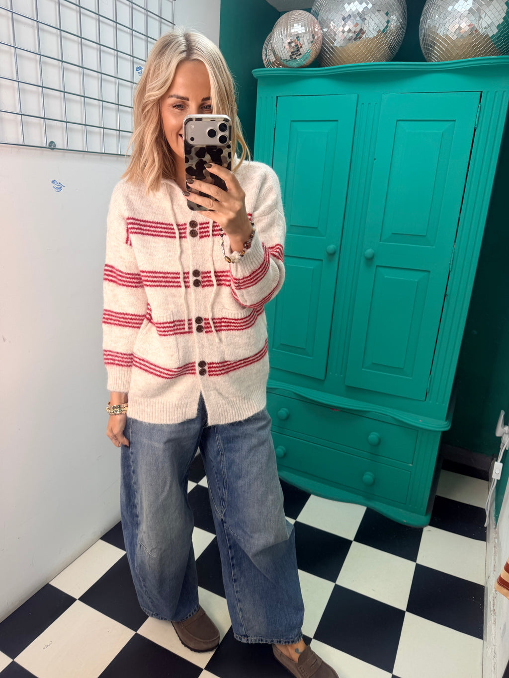 Stipe hooded cardigan Cream and Red