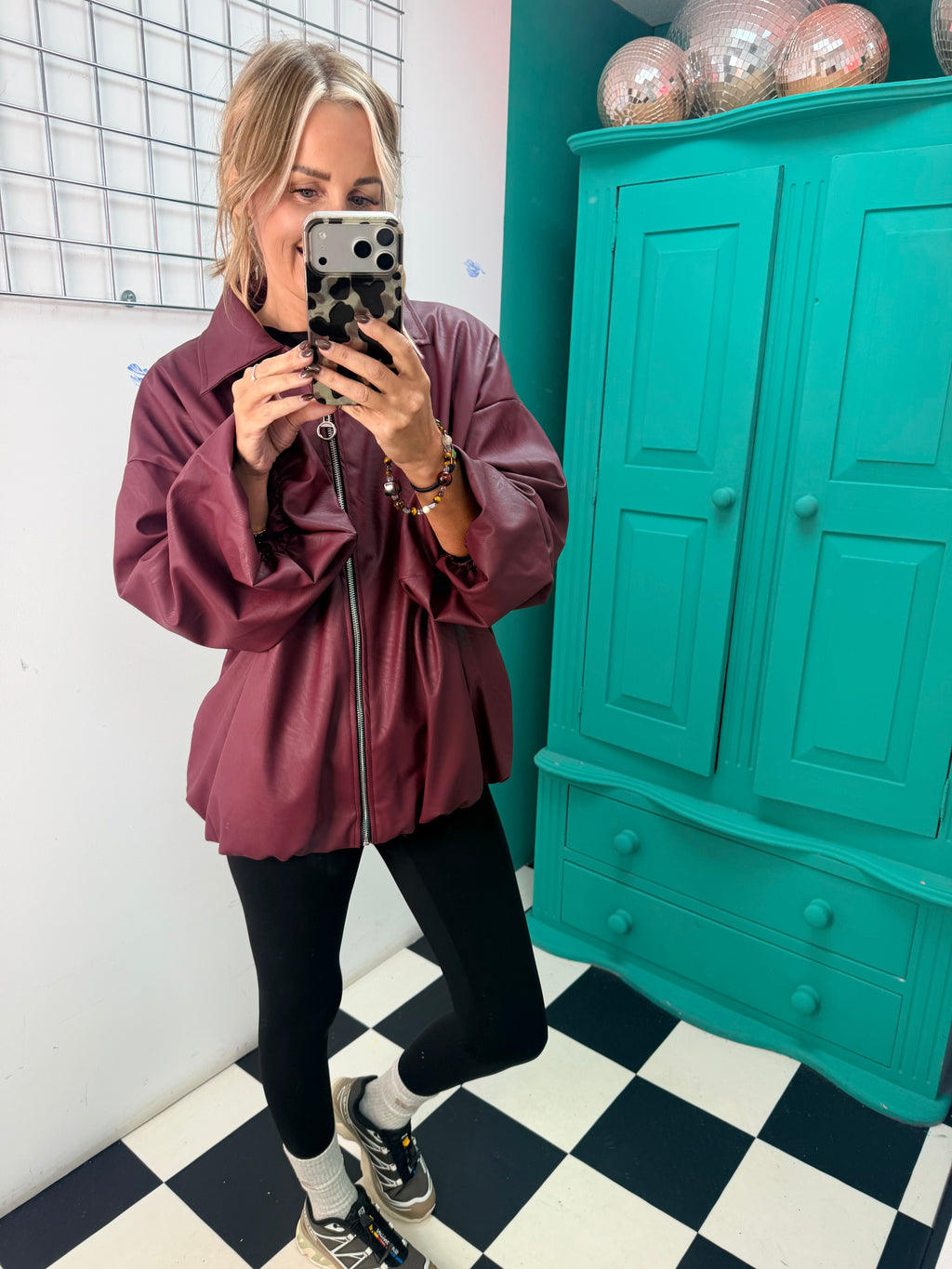 City Chic Leather-Look Bomber Jacket Wine Special Buy