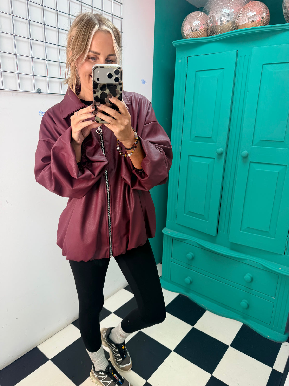 City Chic Leather-Look Bomber Jacket Wine Special Buy