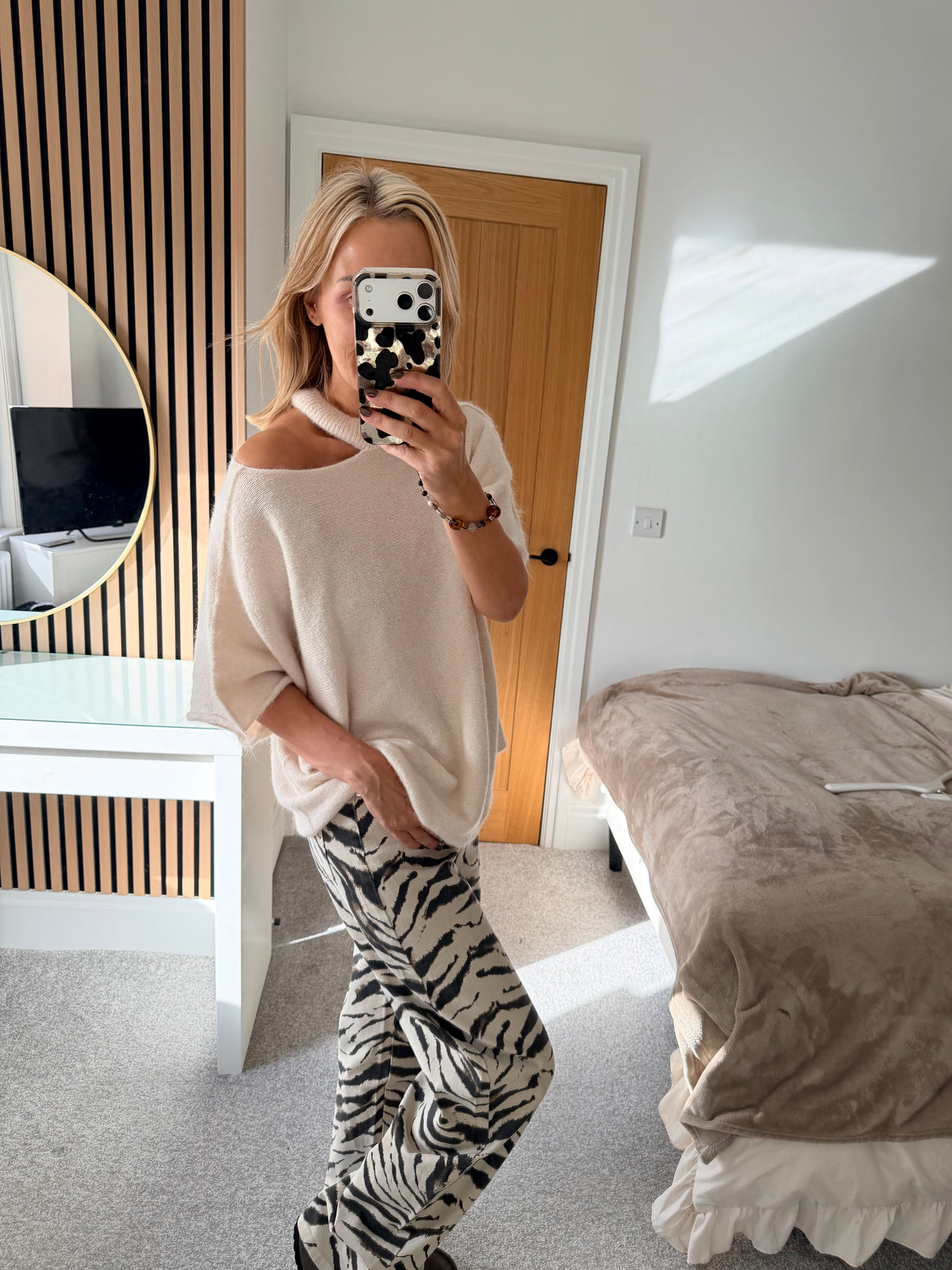 Slash Neck Jumper Cream  Short Sleeve