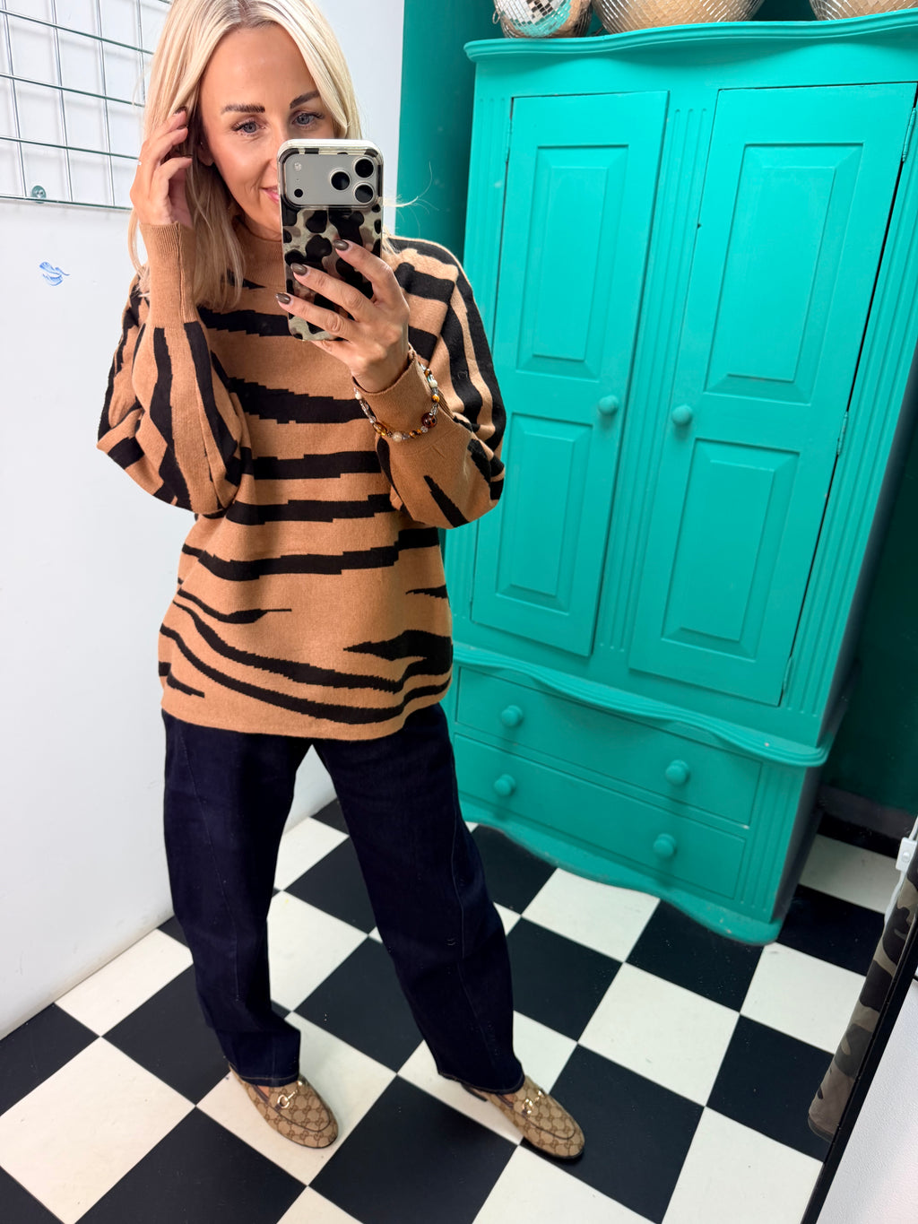 Turtle Neck Jumper Lightning Print Tan Special Buy