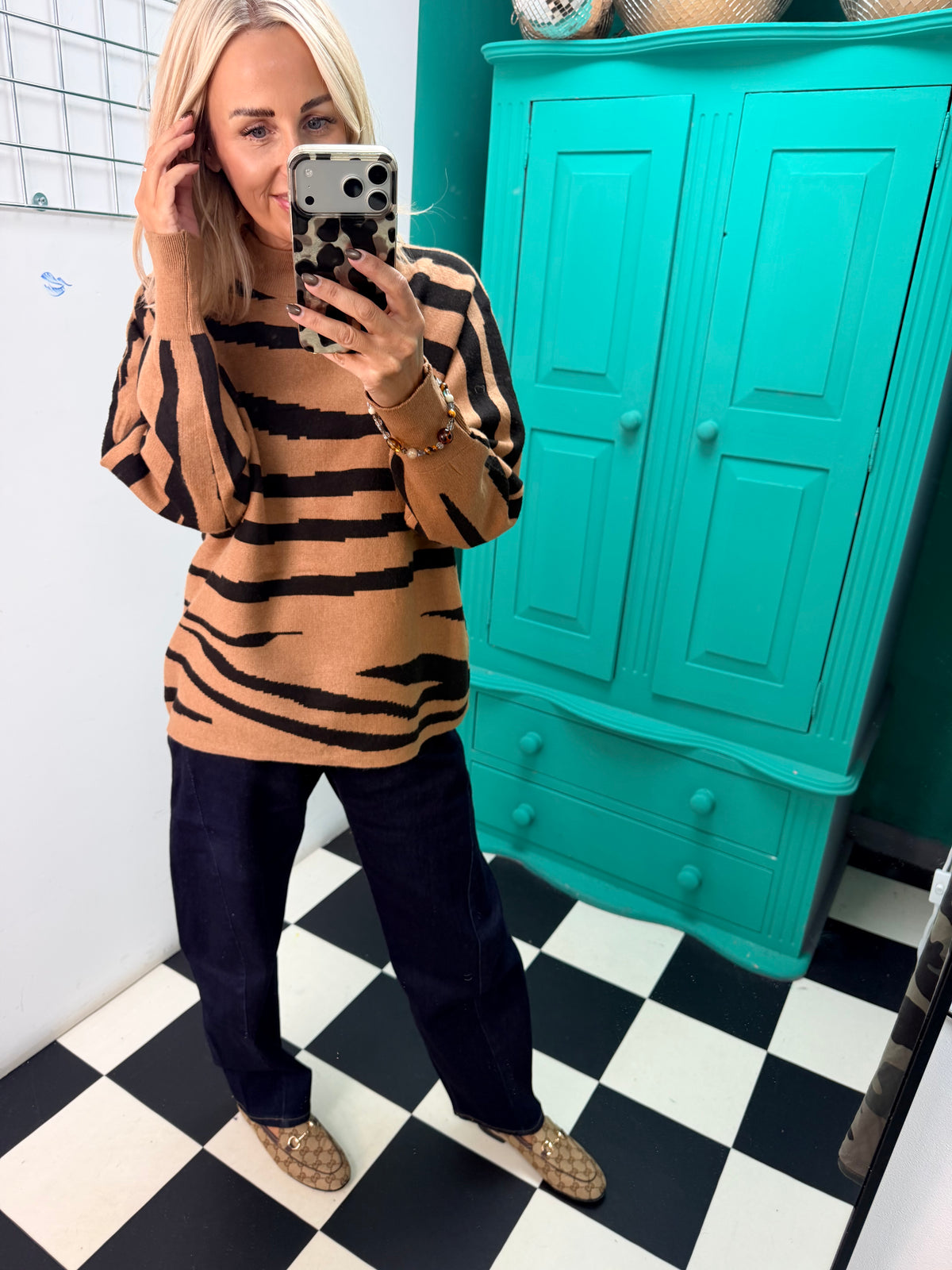 Turtle Neck Jumper Lightning Print Tan Special Buy