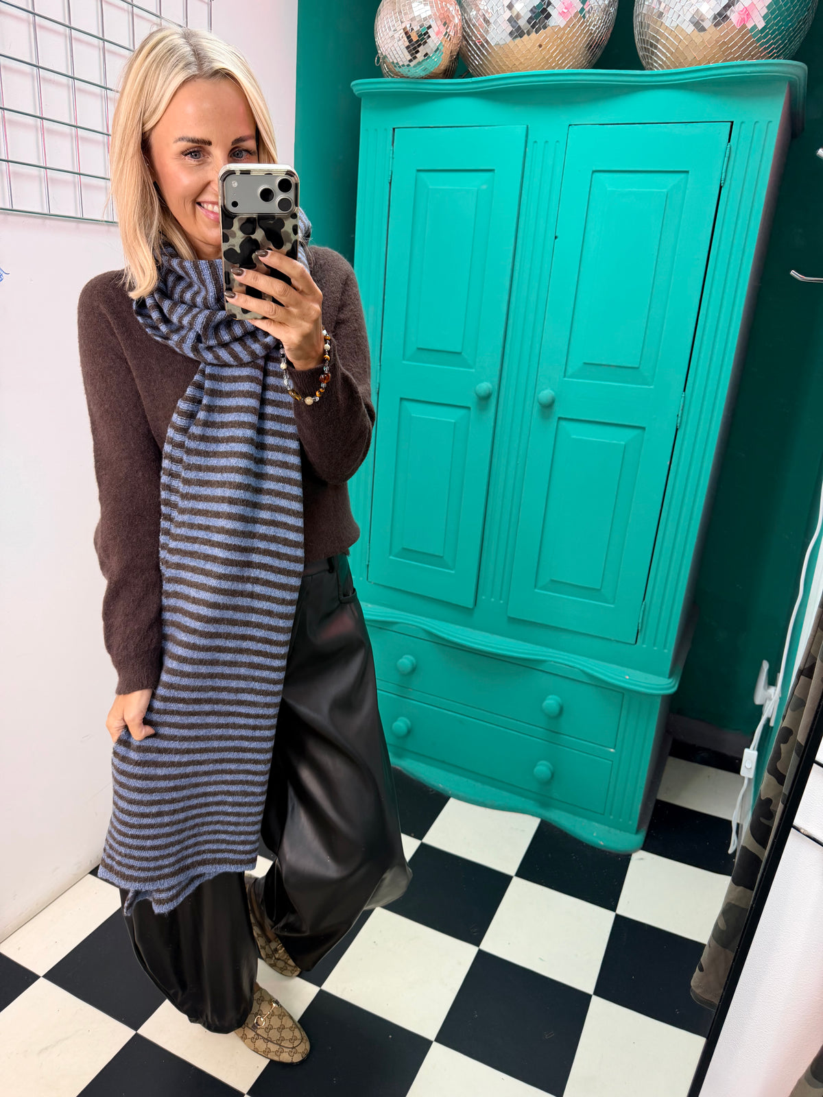 Blue and Mocha stripe knit scarf