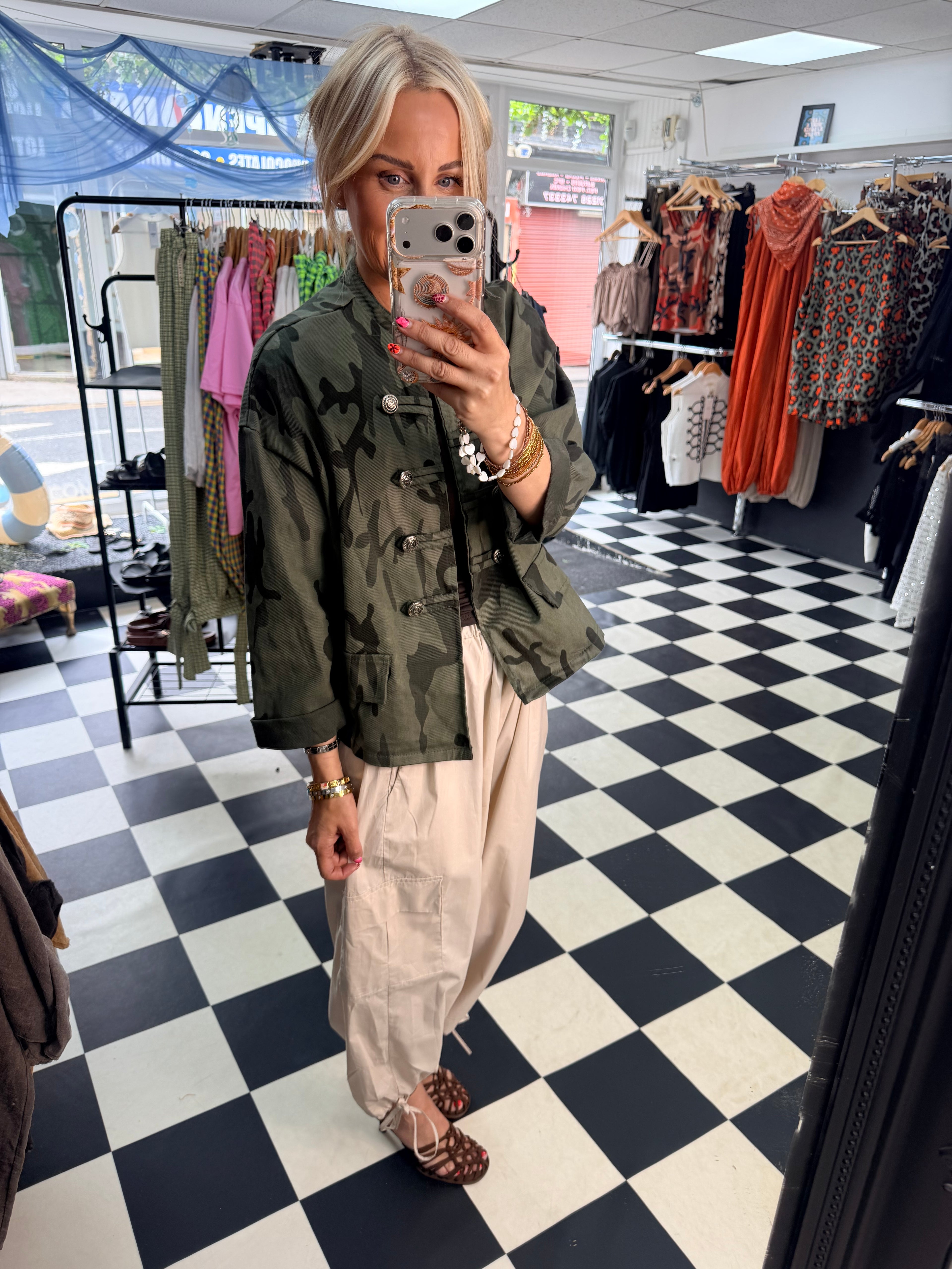 Camo Denim Military Jacket Khaki