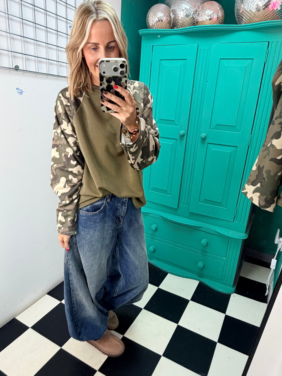 Off Duty Camo Raglan Top Khaki