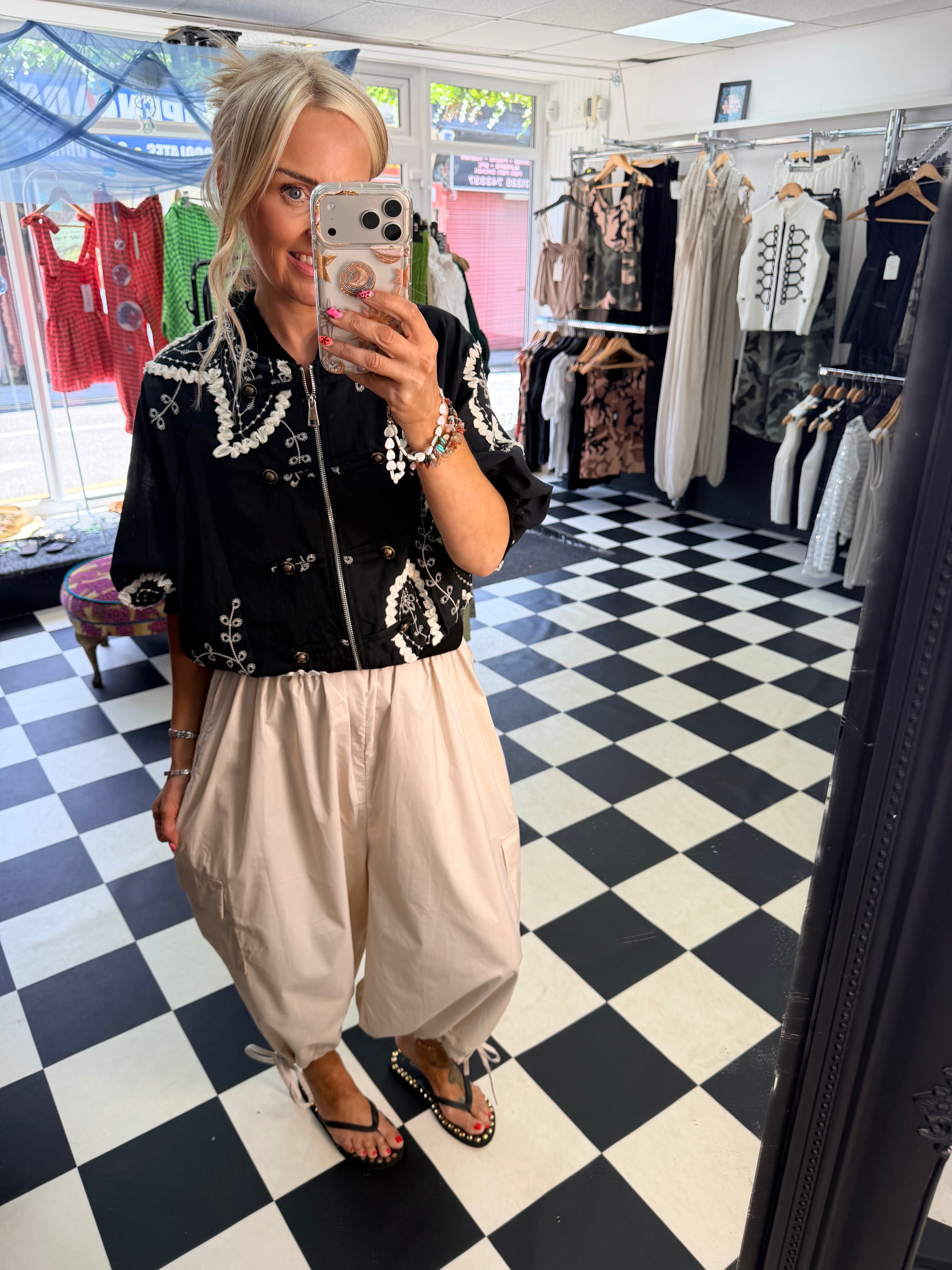 Cargo Trousers crop with tie hem Cream