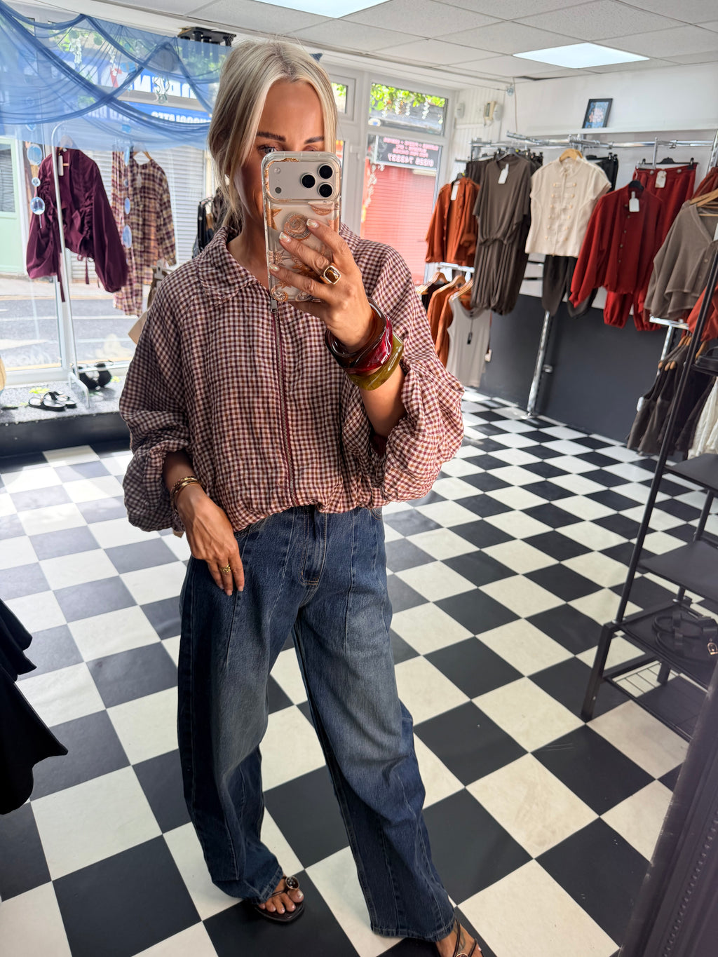 Plaid Slouchy Bomber Wine