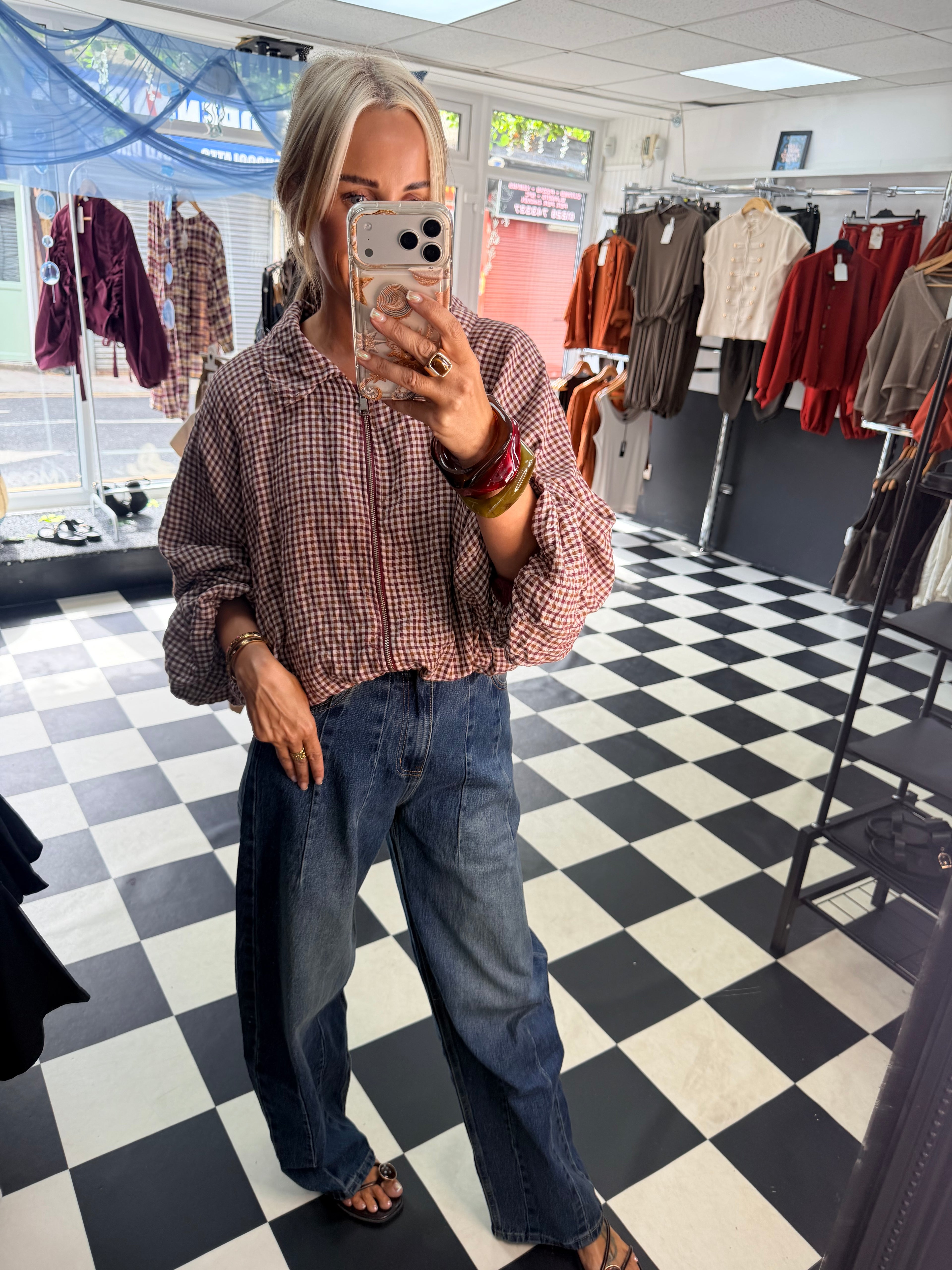 Plaid Slouchy Bomber Wine