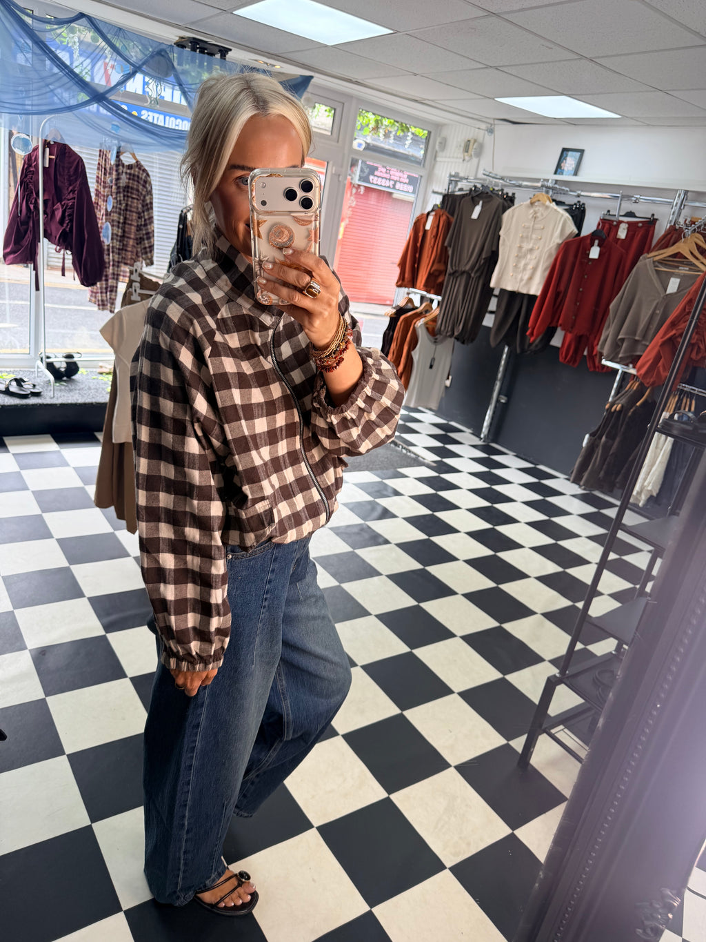 Check Bomber Jacket Chocolate