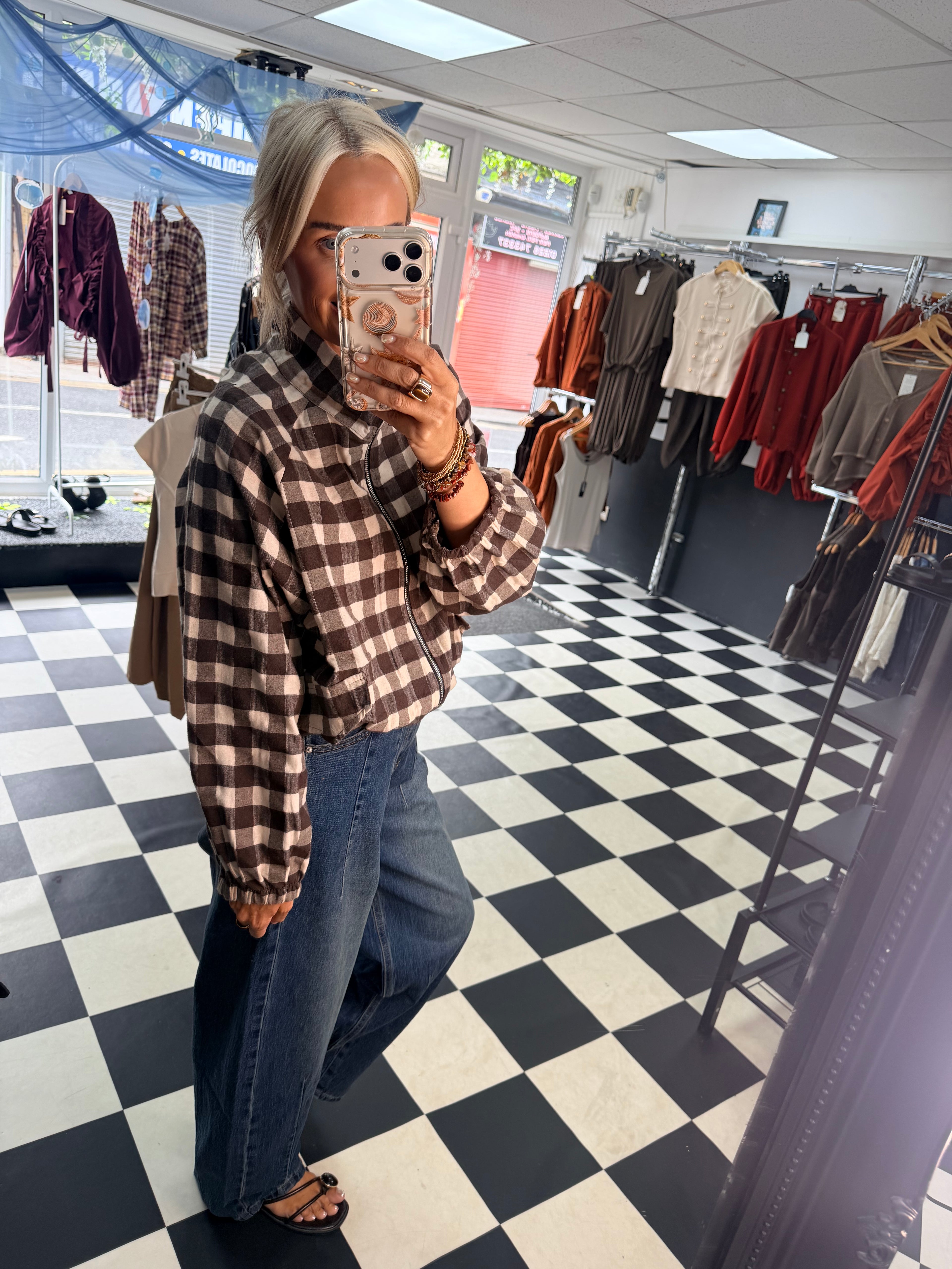 Check Bomber Jacket Chocolate
