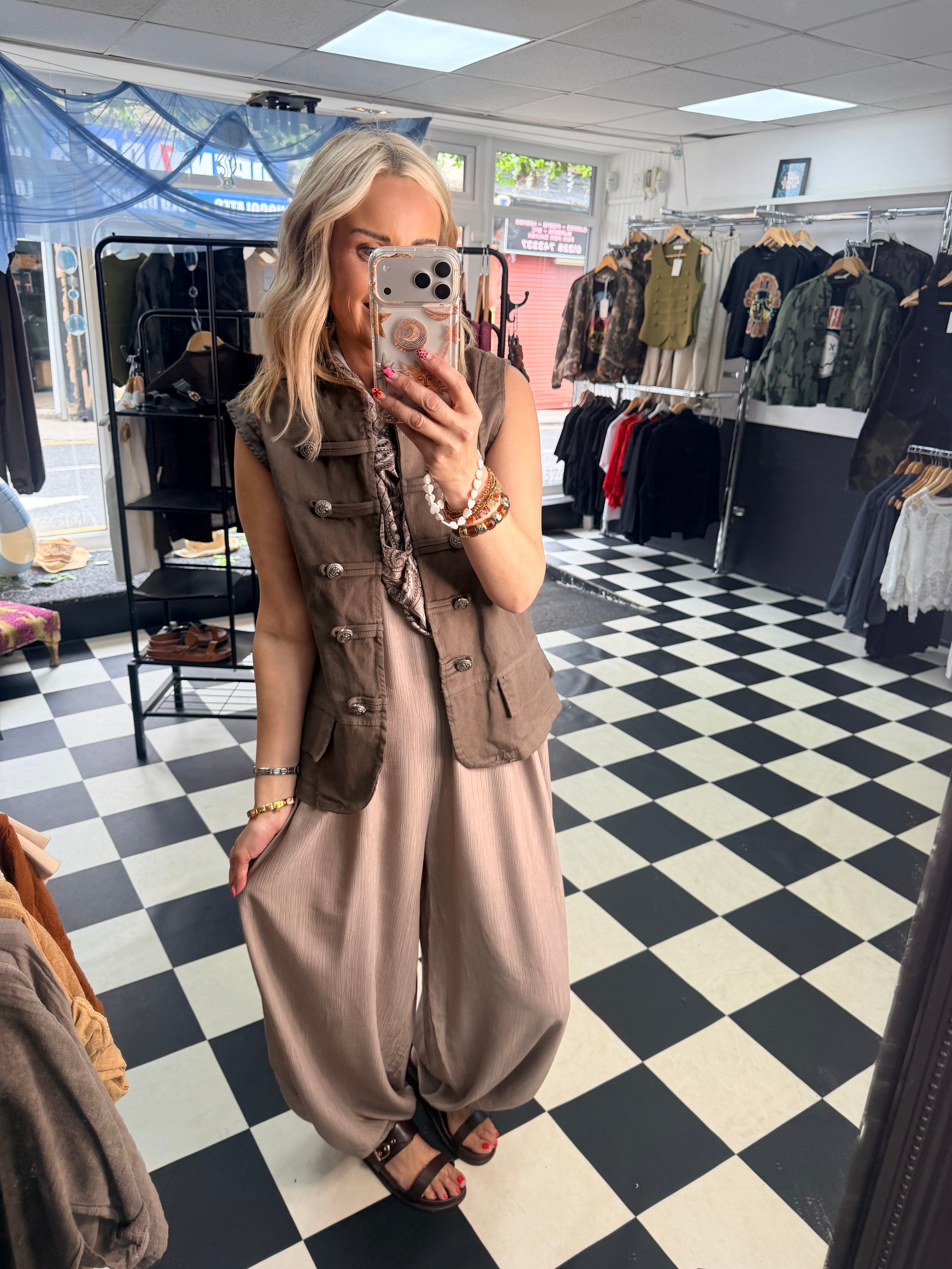 Denim Military Waistcoat Mocha