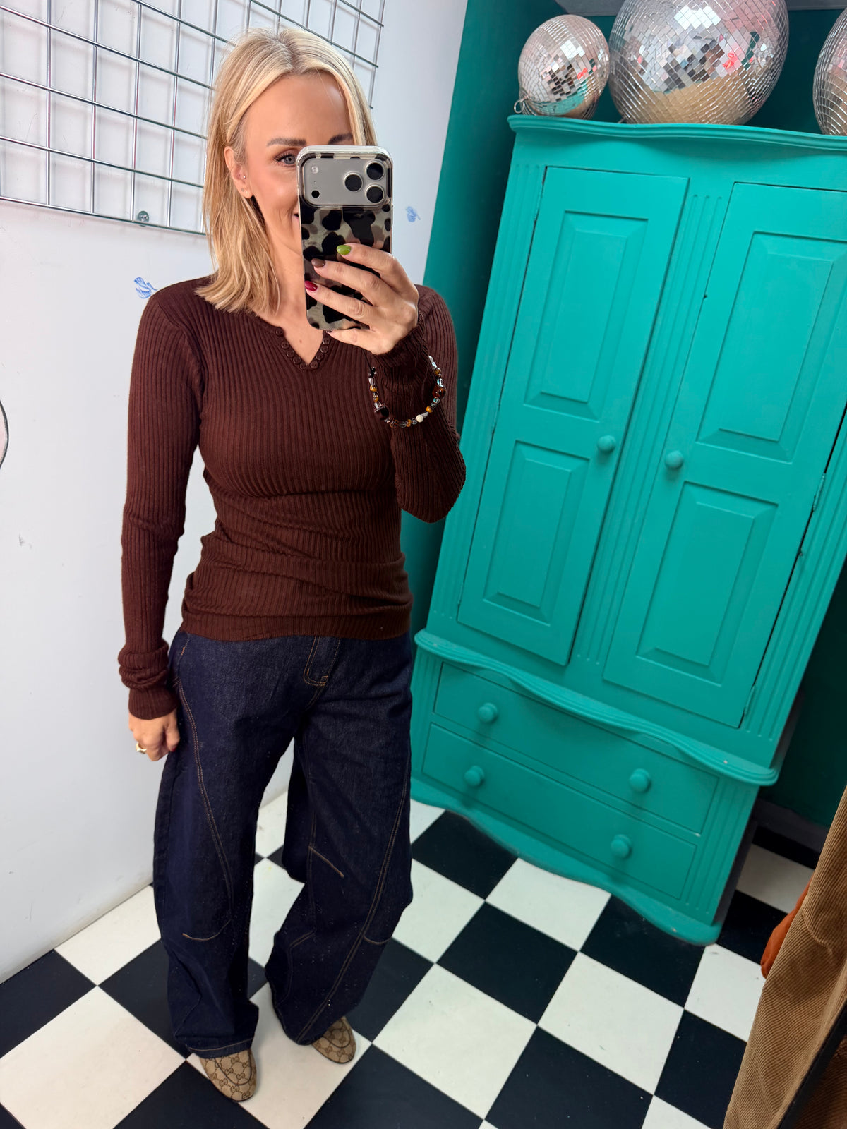 Ribbed Button Down Top Chocolate
