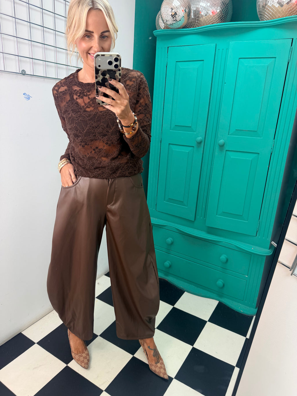 Bella Faux Leather Barrel Trousers Chocolate