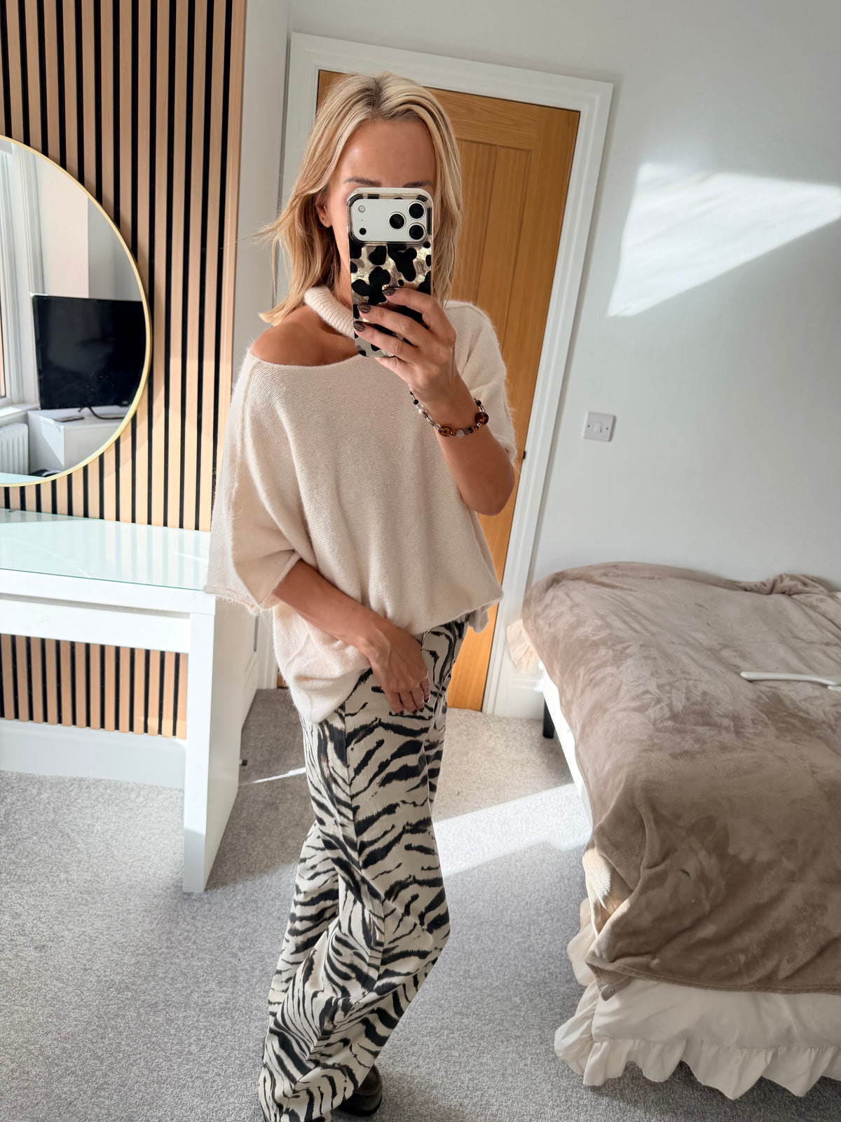 Slash Neck Jumper Cream  Short Sleeve