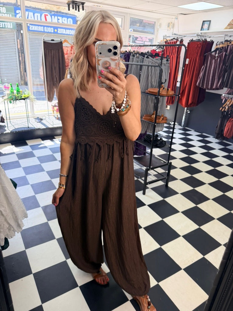 Boho Crochet Jumpsuit Chocolate