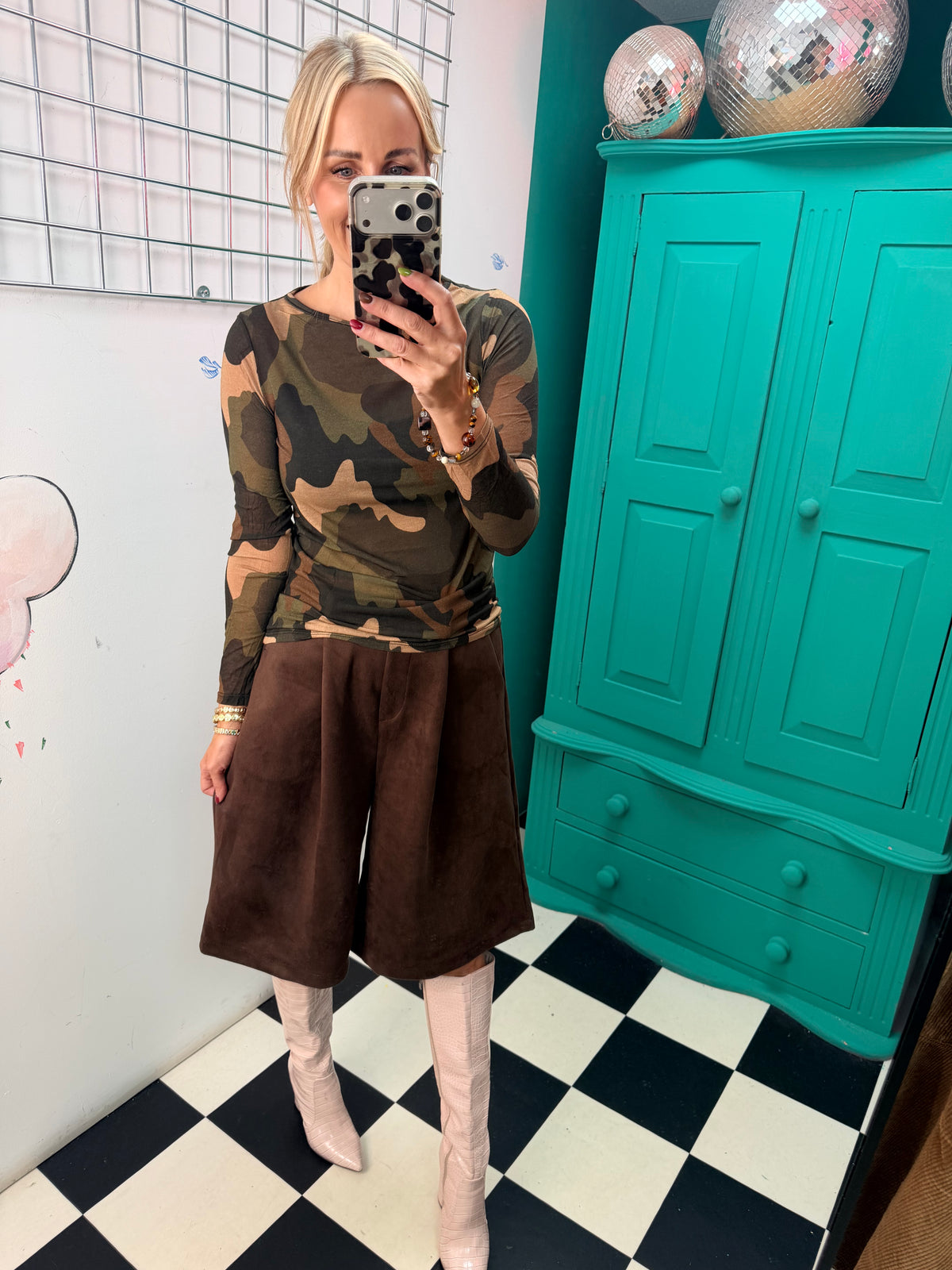Cashmere Blend Camo Top Green/Chocolate