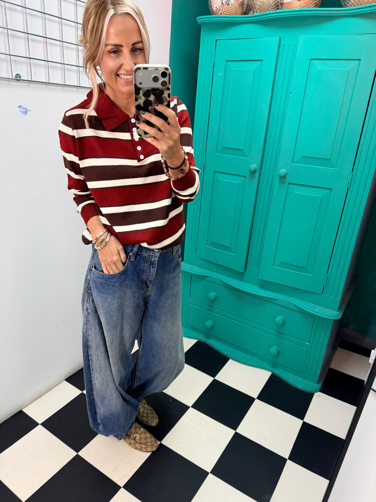 The Stripe Club Polo Jumper Wine-Choc-Cream Special buy
