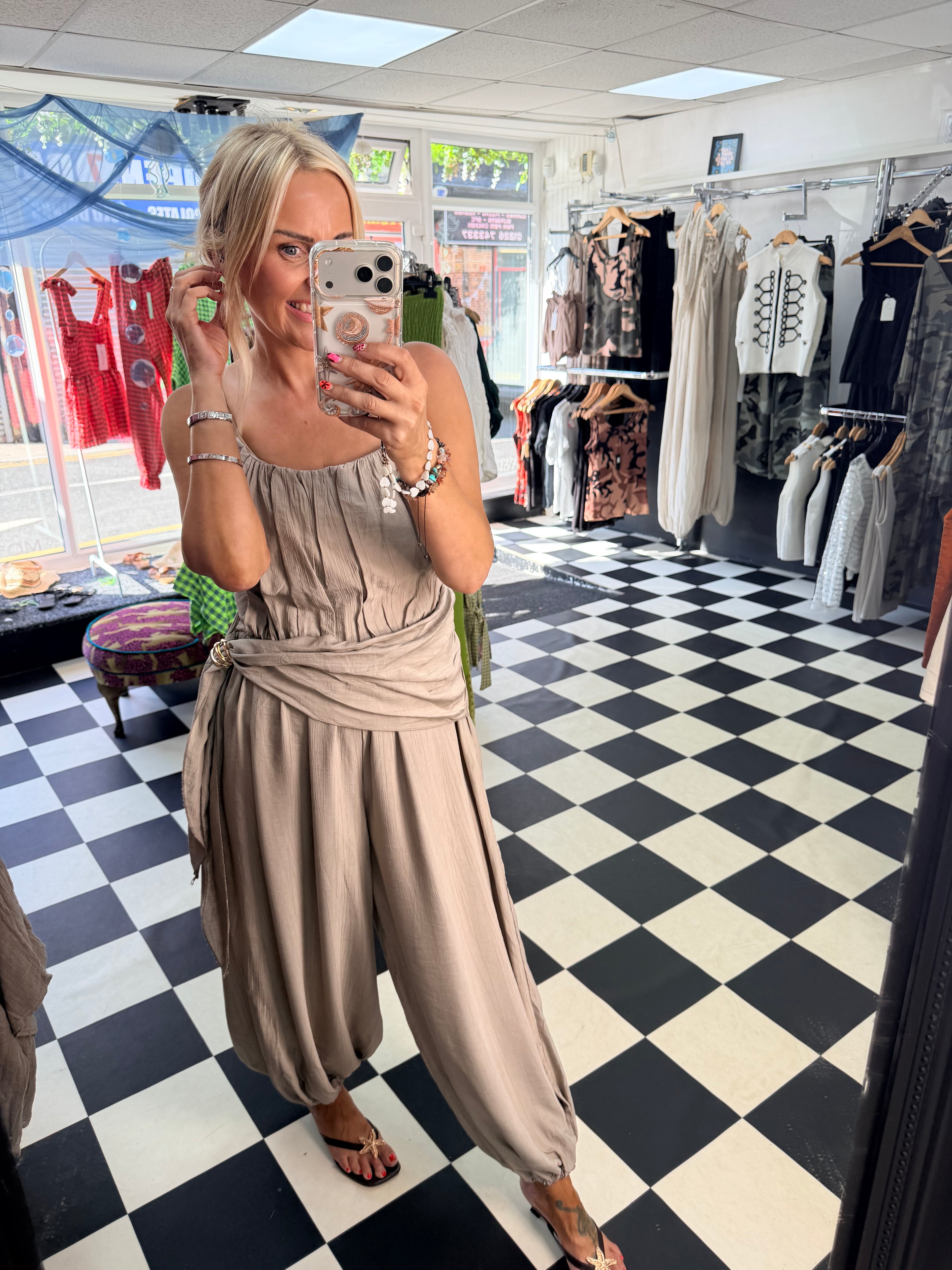 Wrap Crinkle Jumpsuit Taupe