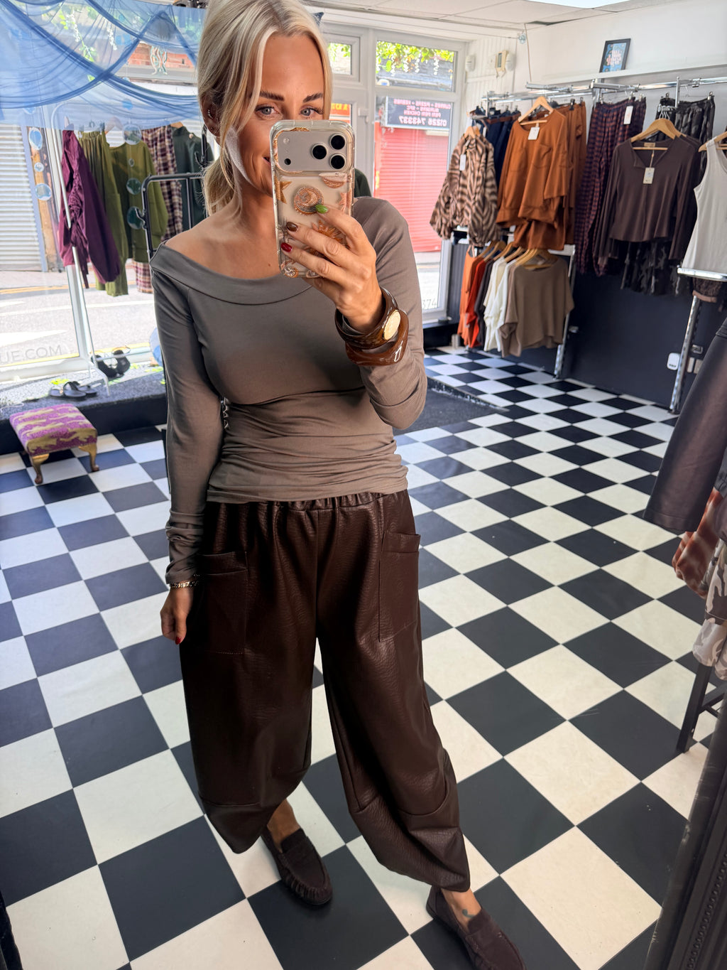 Slash Neck Basic Top Taupe