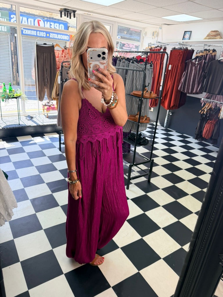 Boho Crochet Jumpsuit Magenta
