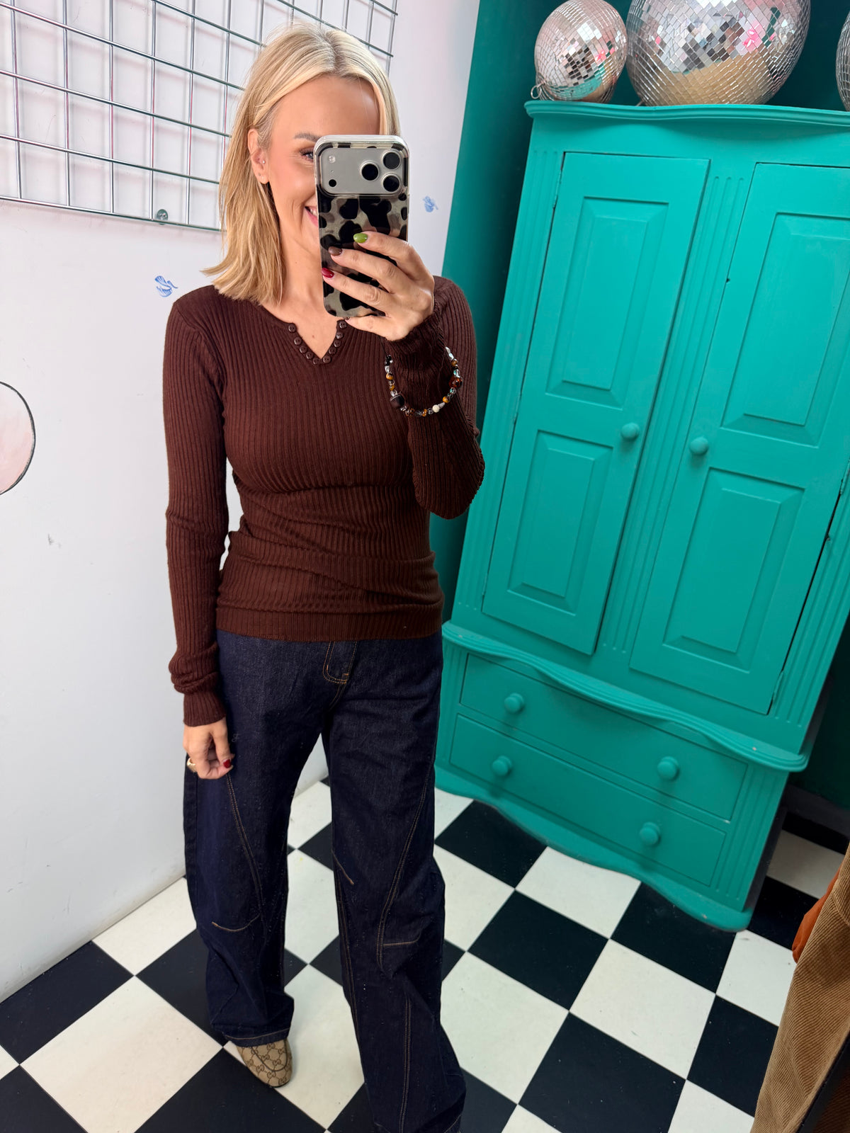Ribbed Button Down Top Chocolate