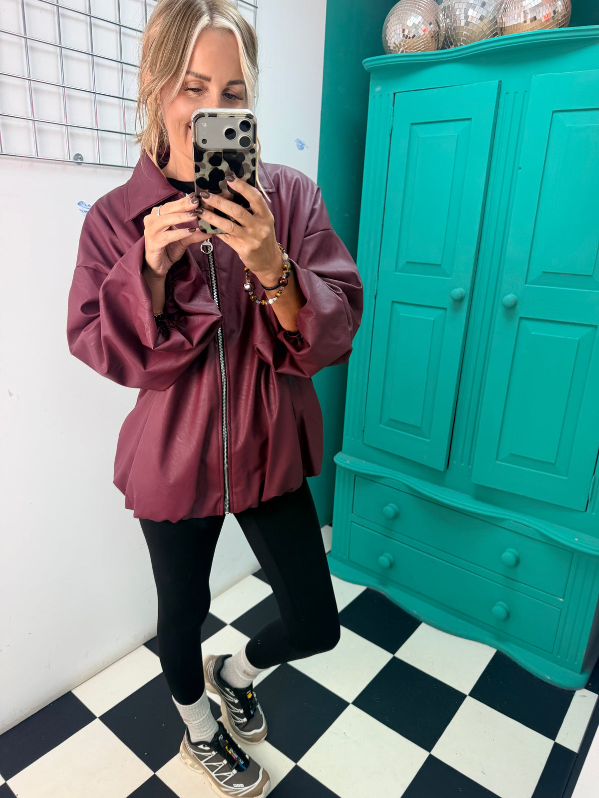 City Chic Leather-Look Bomber Jacket Wine Special Buy