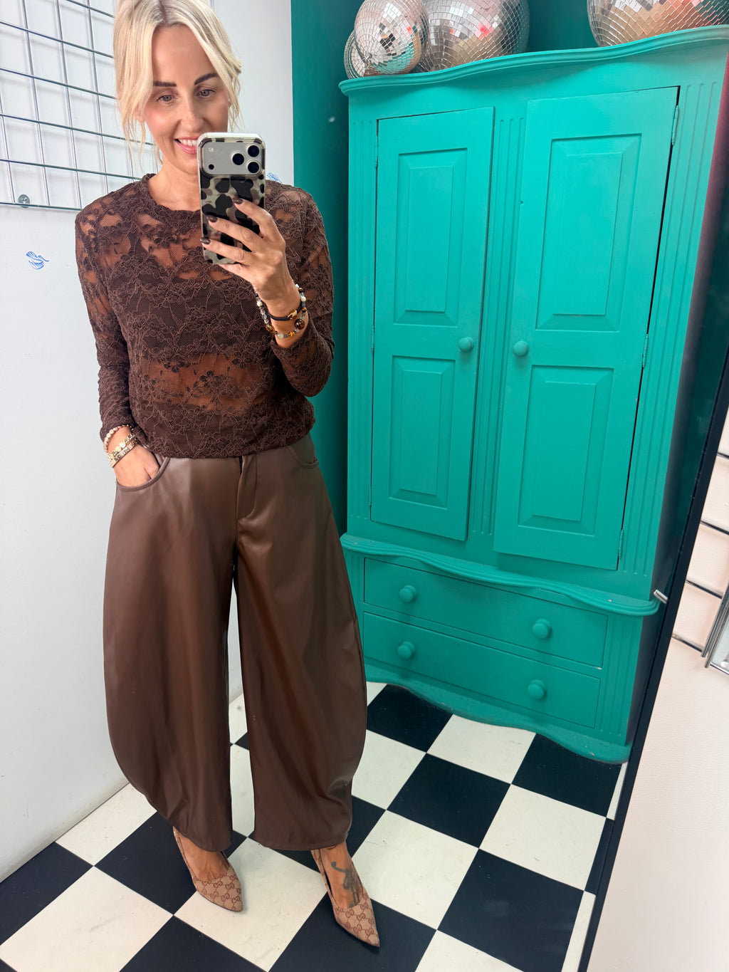 Bella Faux Leather Barrel Trousers Chocolate