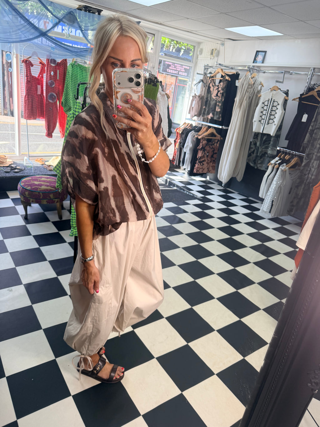 Lightweight Cropped Sleeve Jacket - Coffee and Cream