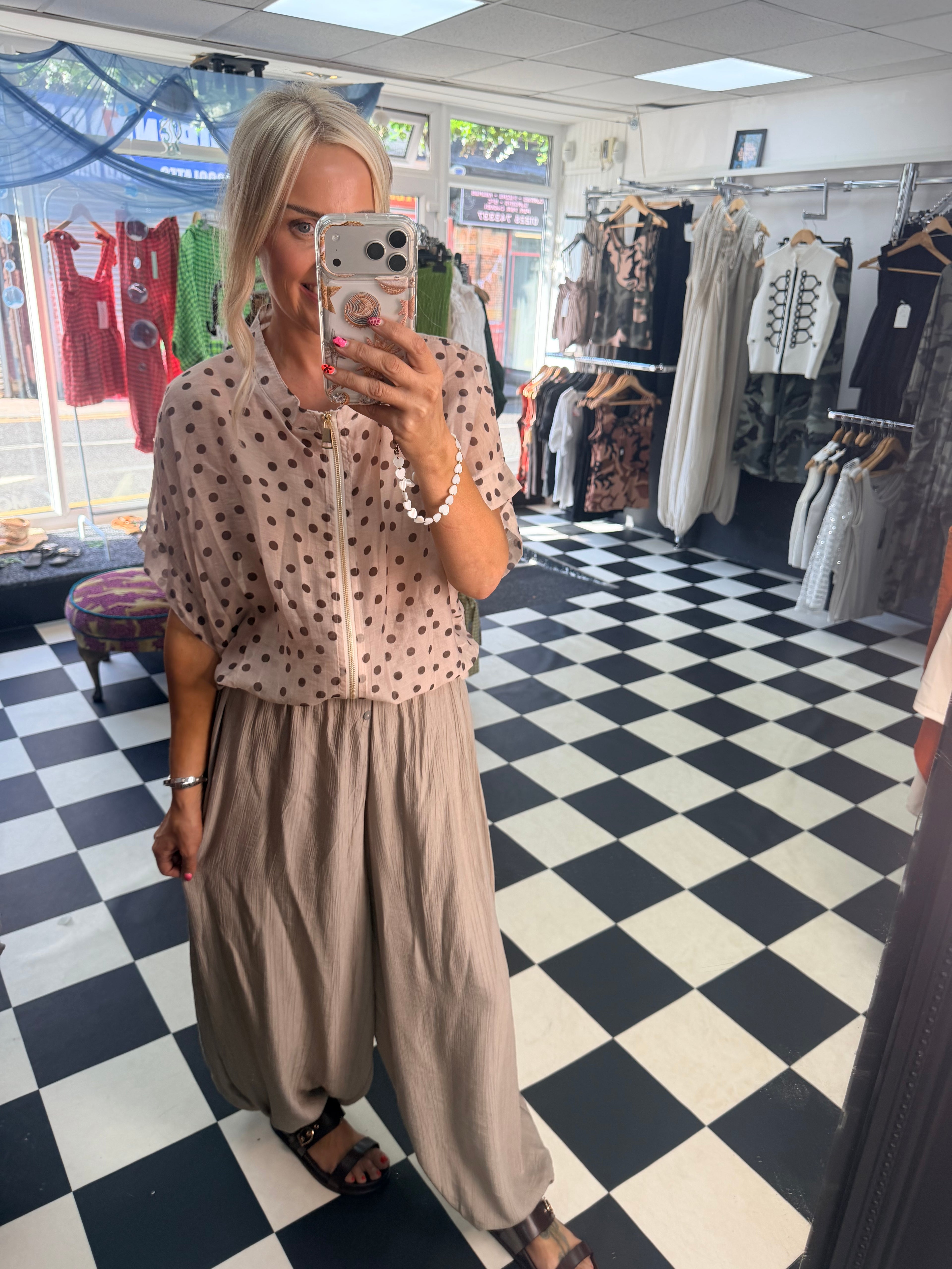 Lightweight Cropped Sleeve Jacket - Cream Polka Dot