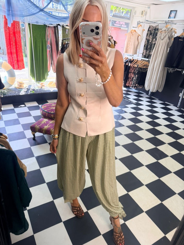 Check Tie Hem Trousers Green