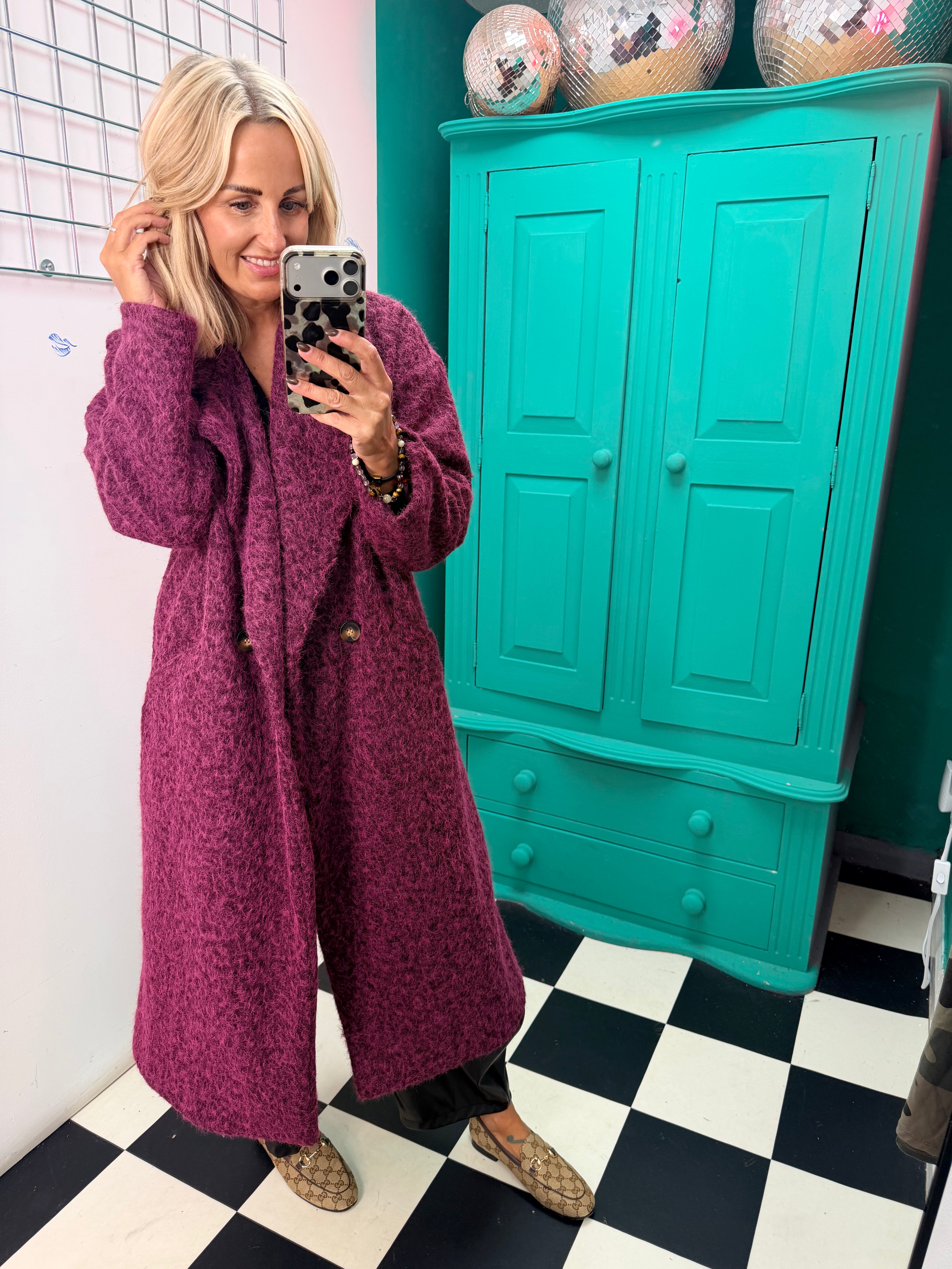 Oversized cosy knit coat - Plum