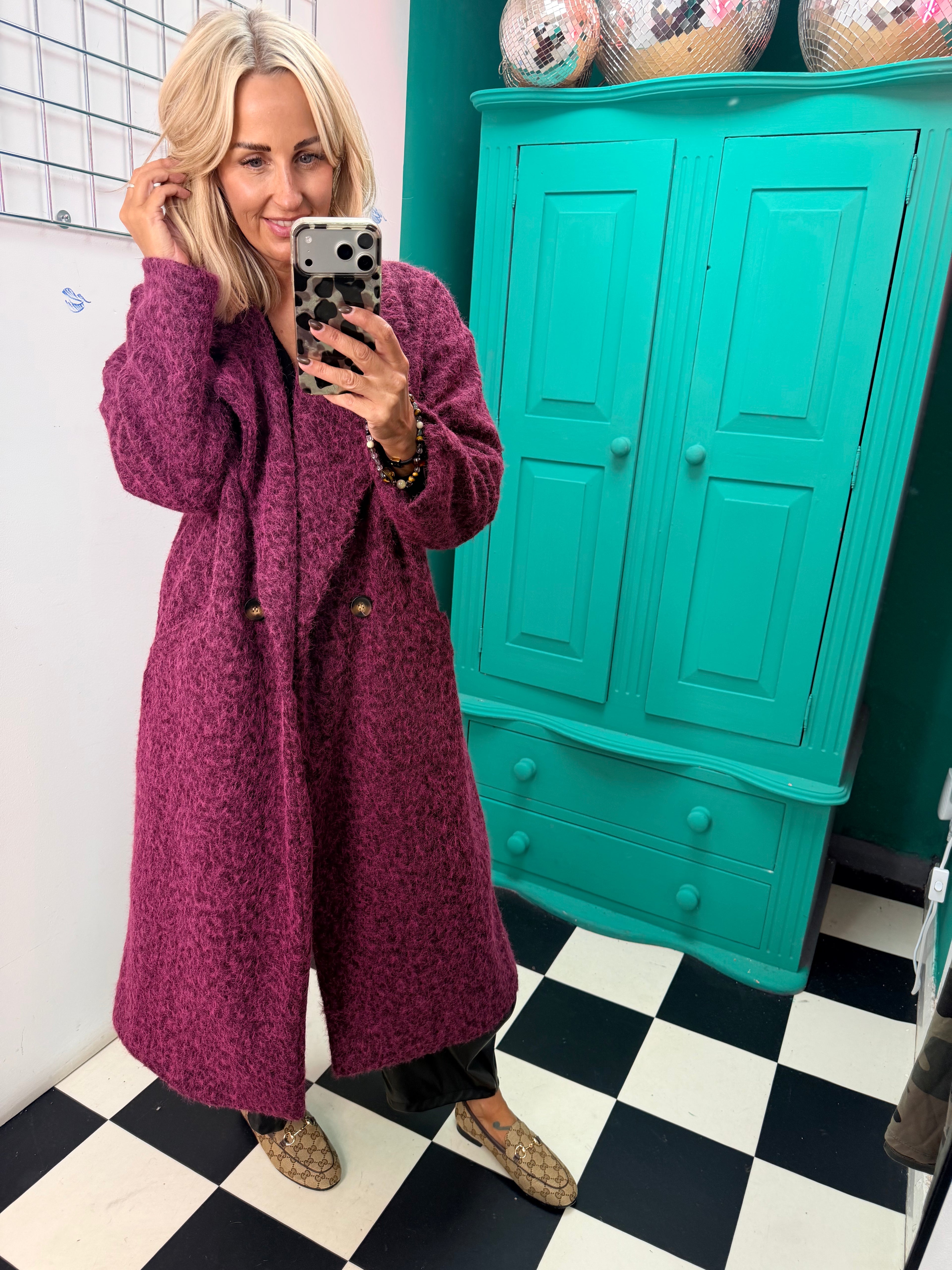 Oversized cosy knit coat - Plum