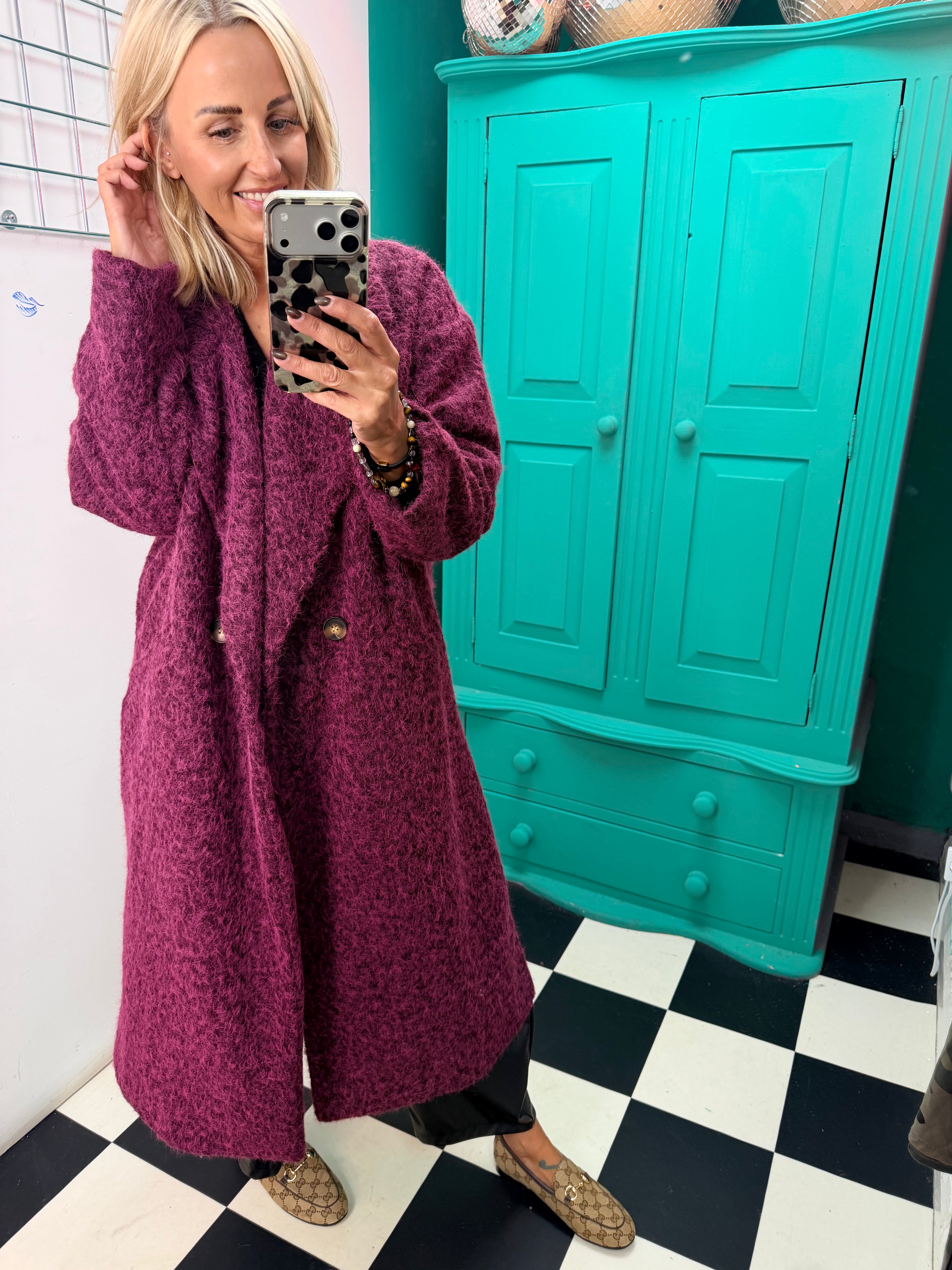 Oversized cosy knit coat - Plum