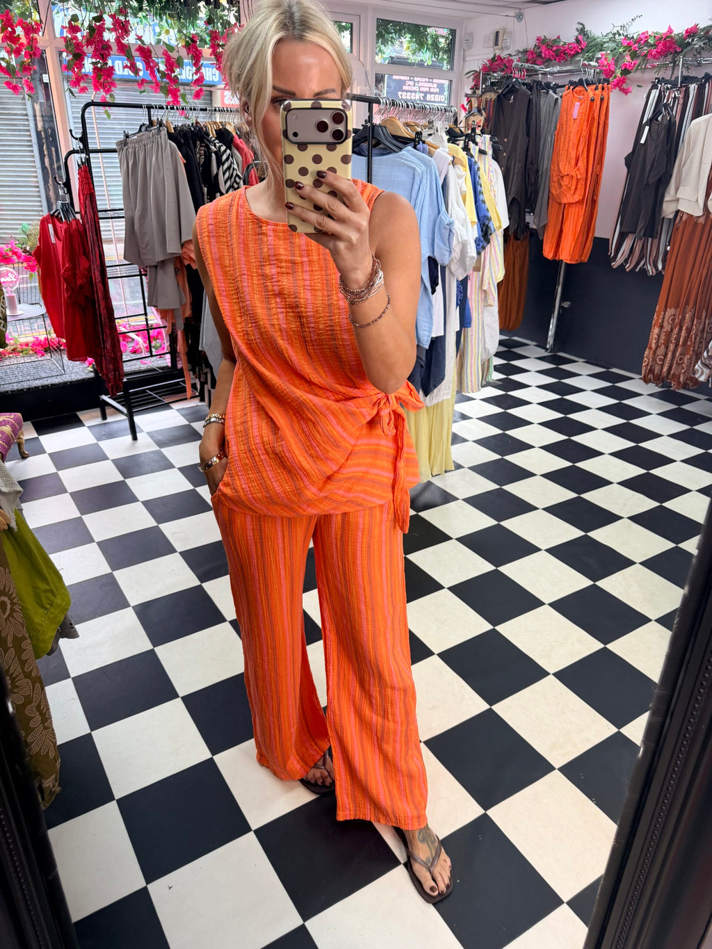 Side Tie stripe set - Orange and pink