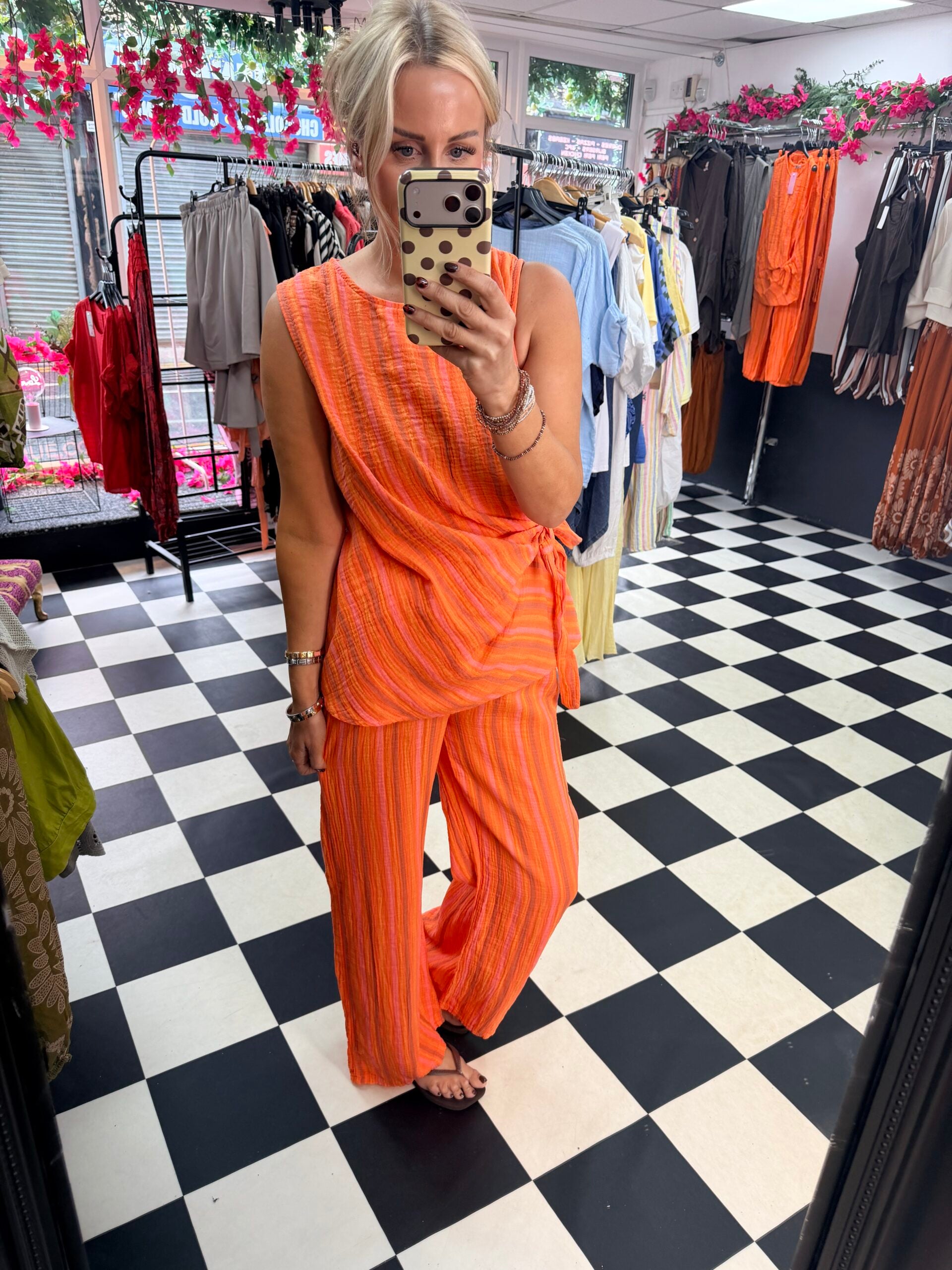 Side Tie stripe set - Orange and pink