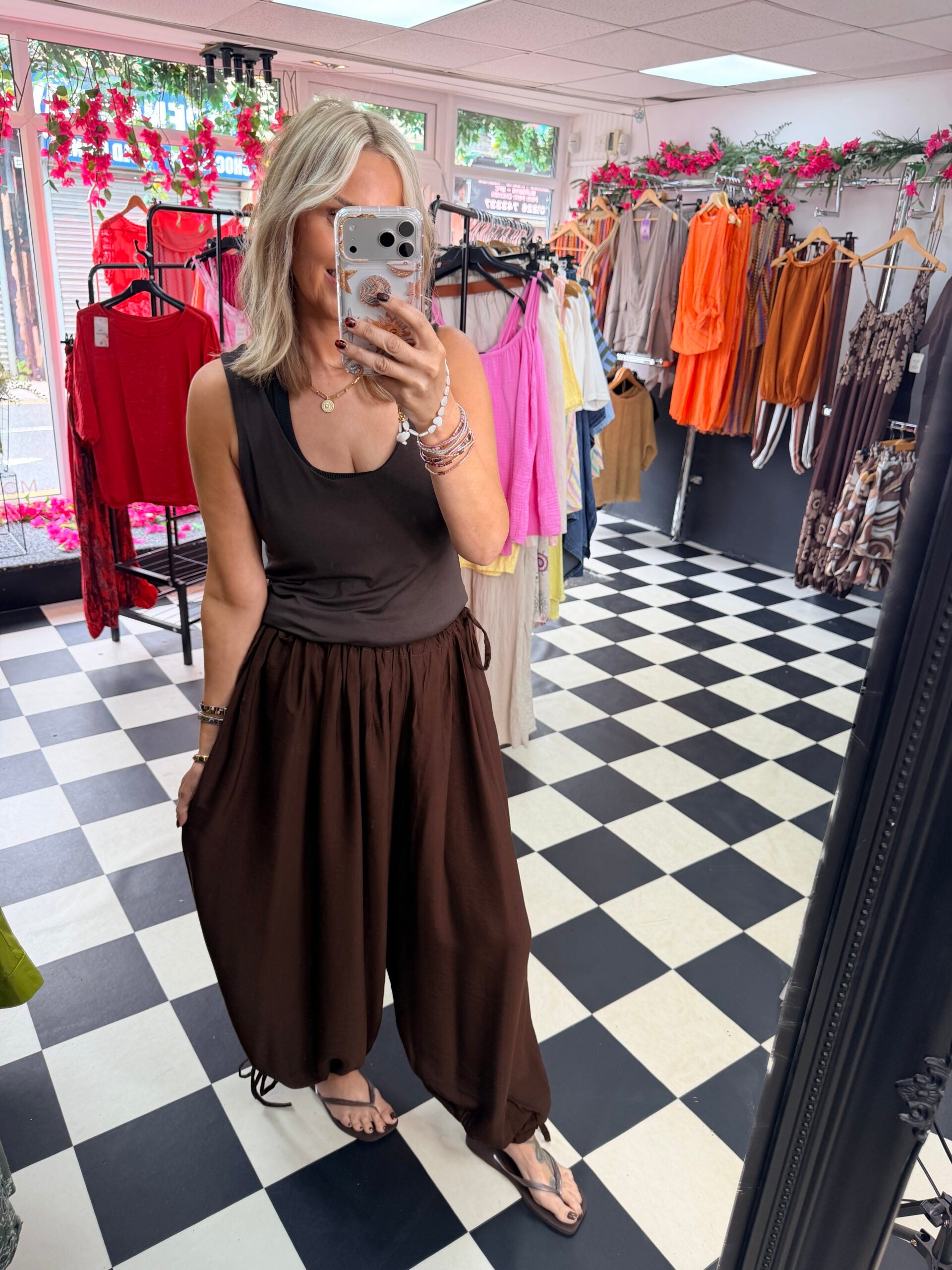 Tie Side Balloon Trousers Chocolate