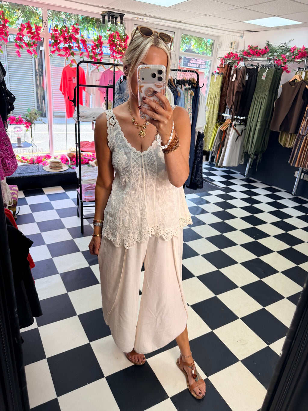 Crinkle Side Split Trouser Cream