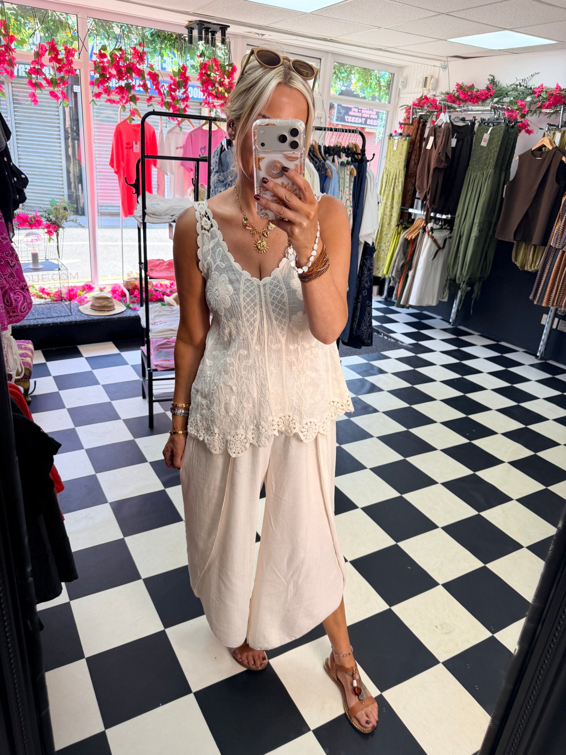 Crinkle Side Split Trouser Cream